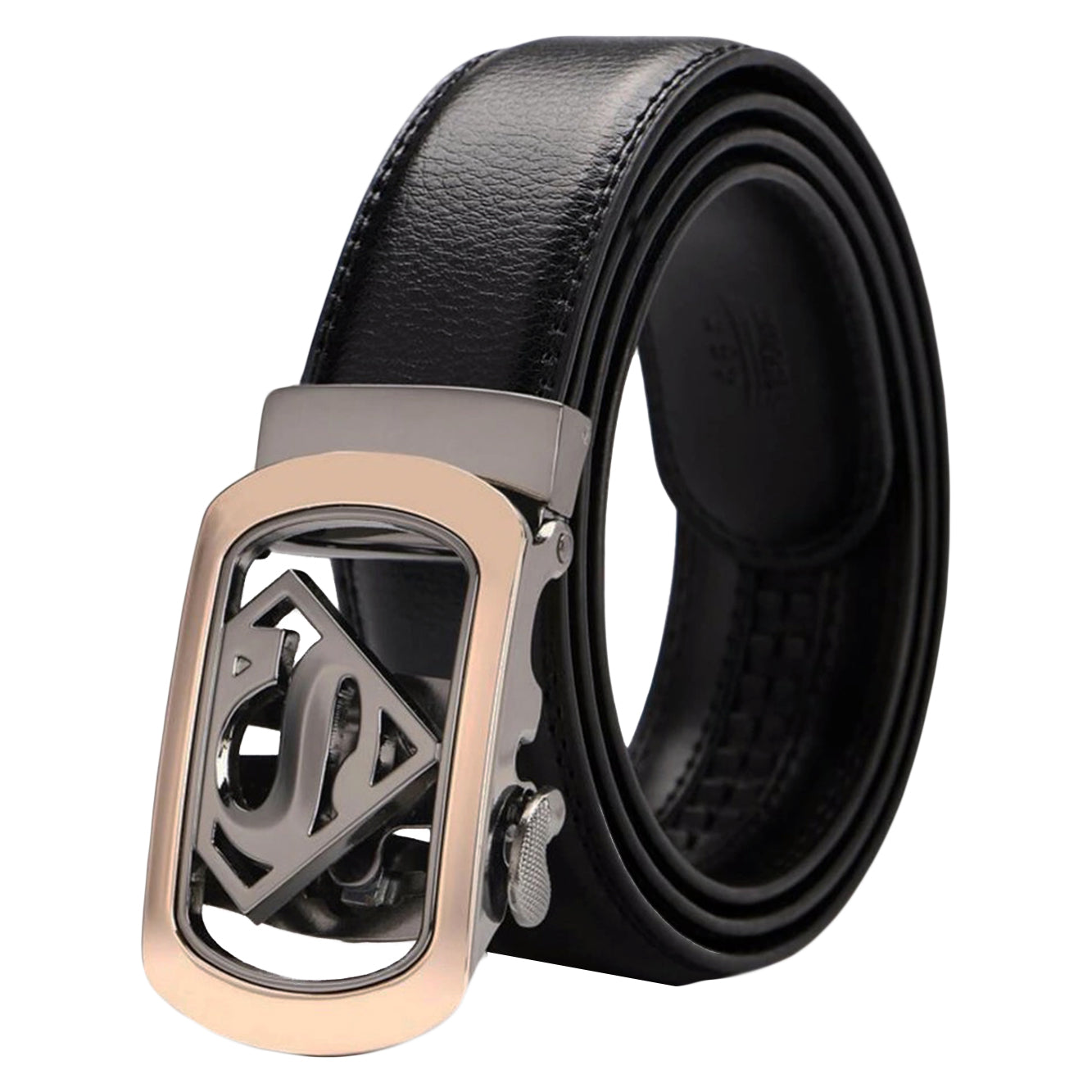 QHA Mens Ratchet Leather Belt Superhero Automatic Buckle 35mm Wide in Gift Box BX07