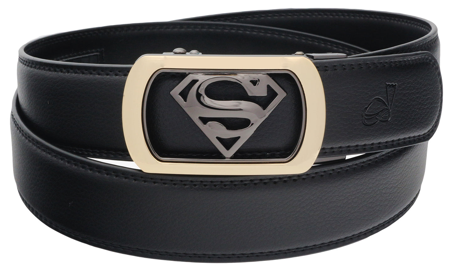 QHA Mens Ratchet Leather Belt Superhero Automatic Buckle 35mm Wide in Gift Box BX07