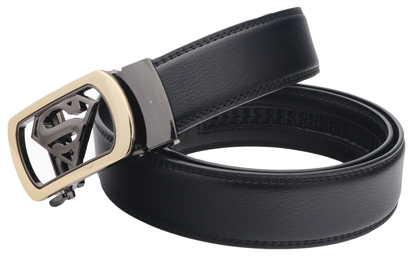 QHA Mens Ratchet Leather Belt Superhero Automatic Buckle 35mm Wide in Gift Box BX07