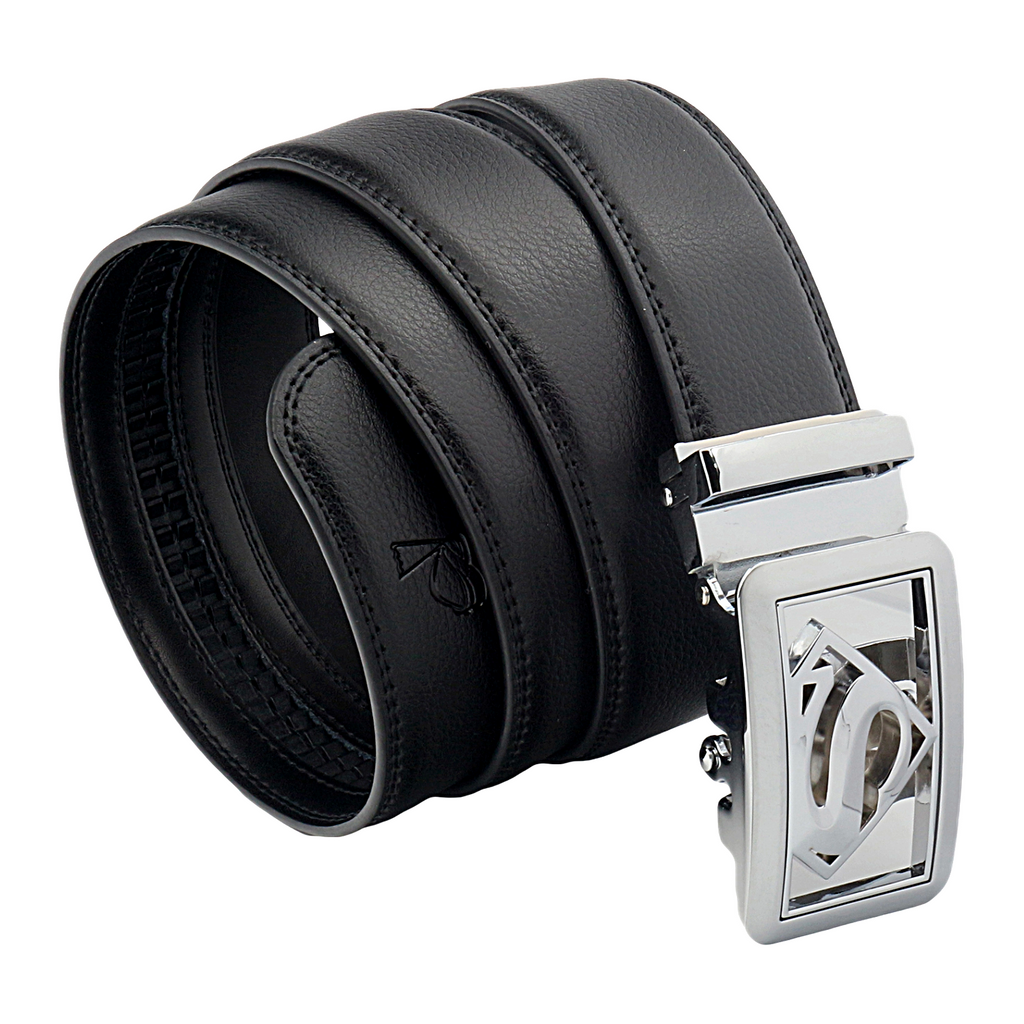 QHA Mens Superman Ratchet Leather Belt Superhero Automatic Sliding Buckle Q07