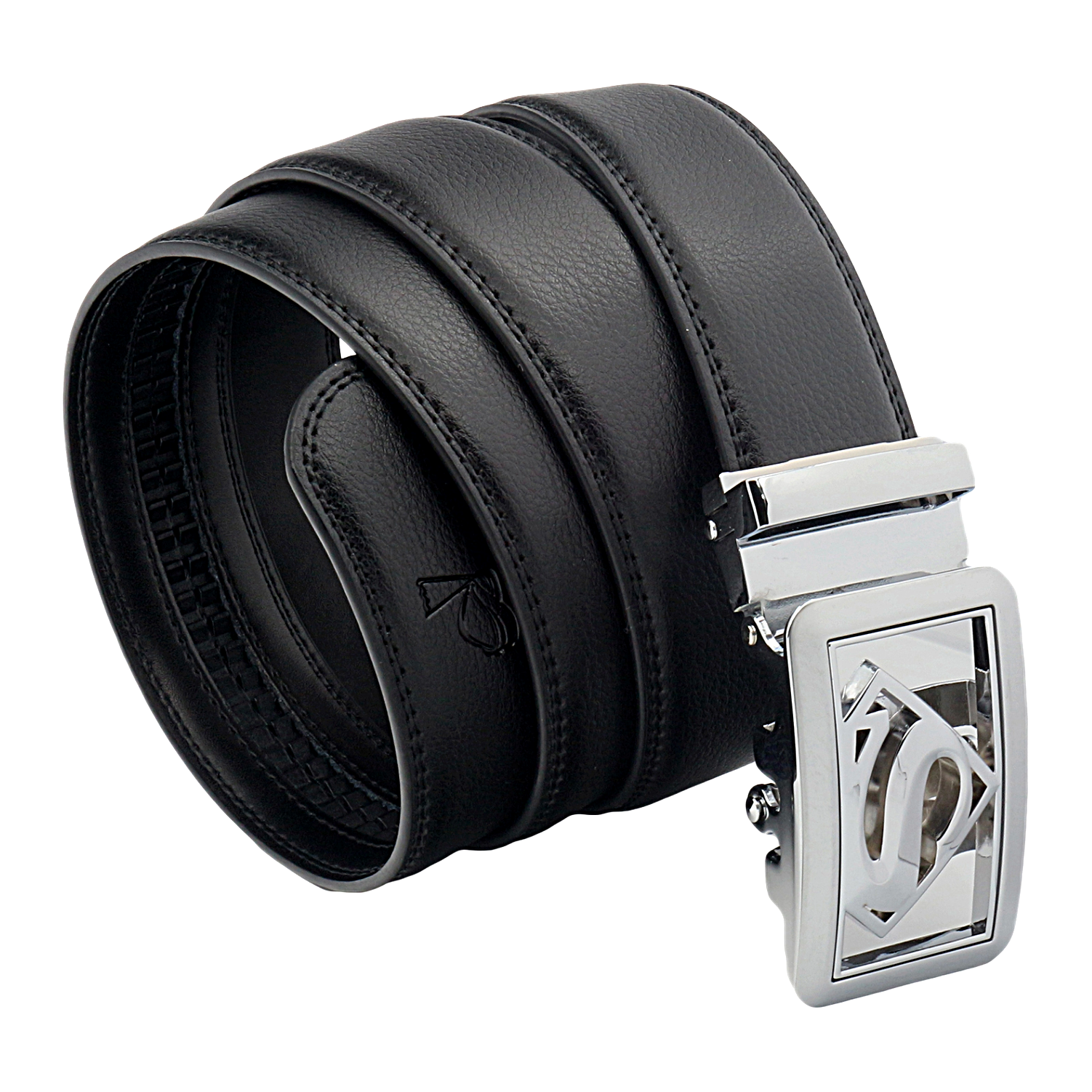 QHA Mens Superman Ratchet Leather Belt Superhero Automatic Sliding Buckle Q07