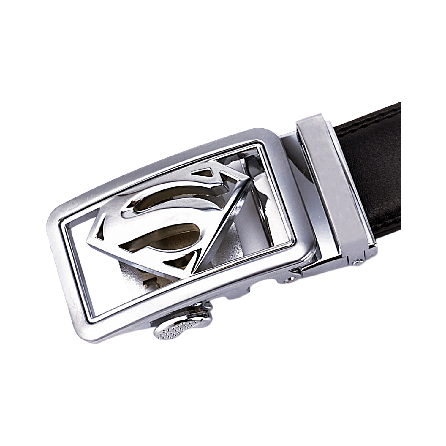 QHA Mens Superman Ratchet Leather Belt Superhero Automatic Sliding Buckle Q07