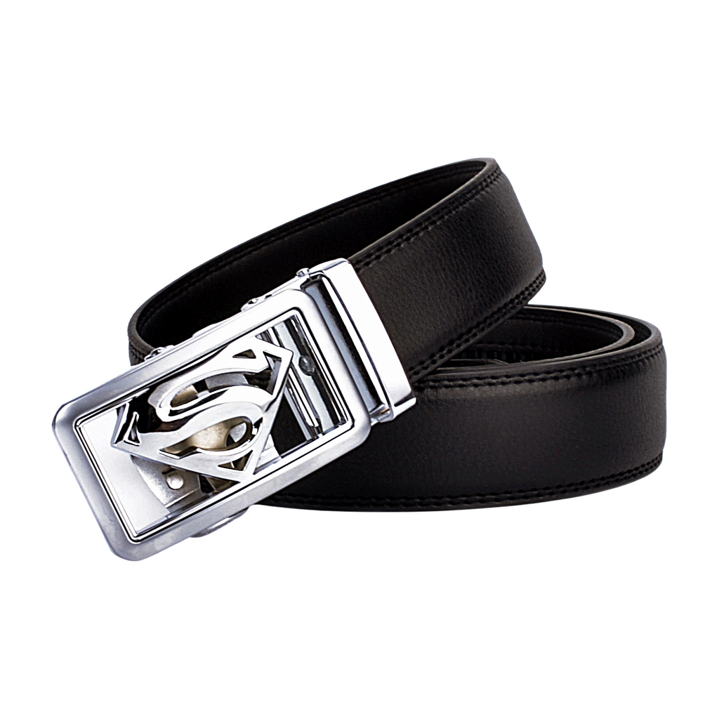 QHA Mens Superman Ratchet Leather Belt Superhero Automatic Sliding Buckle Q07
