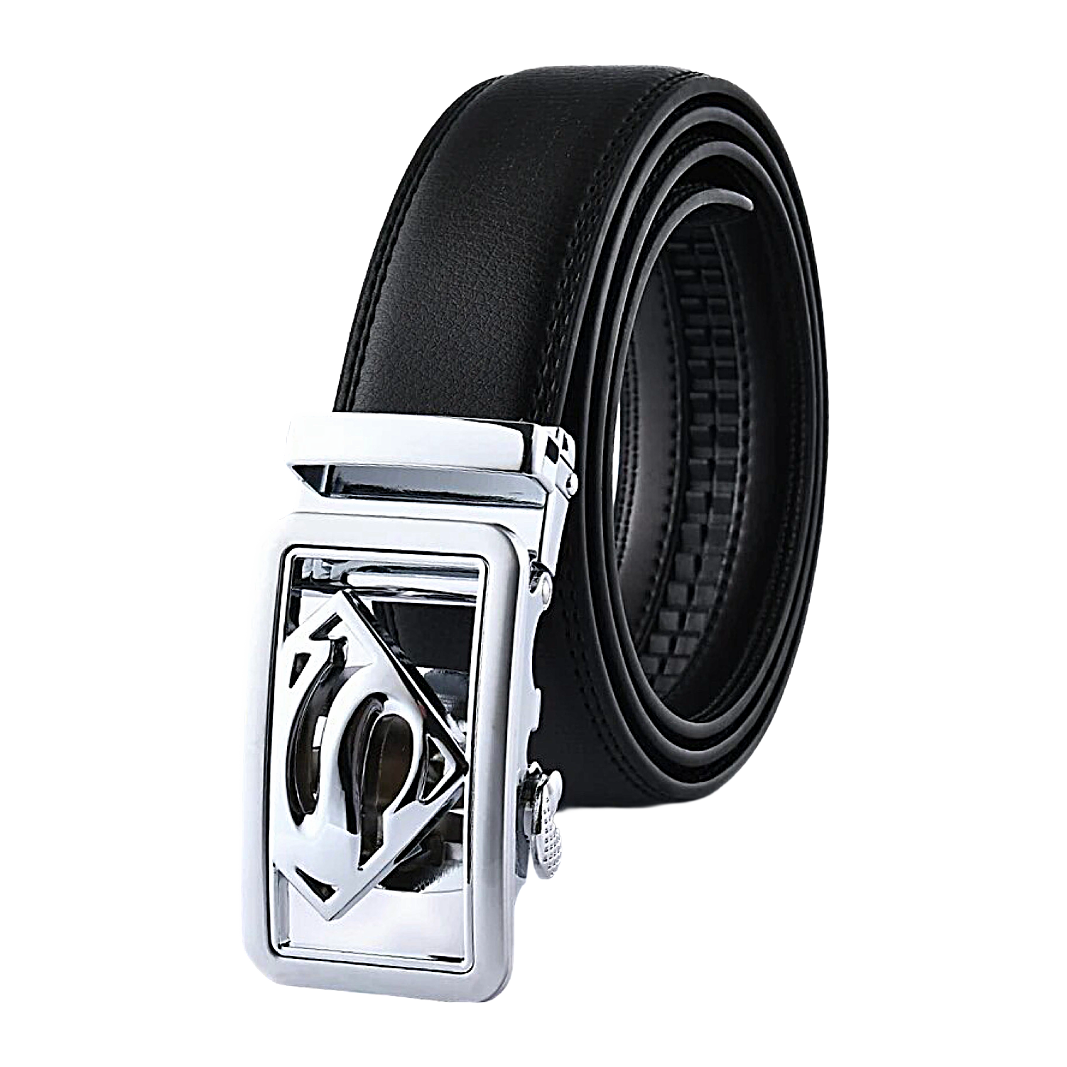 QHA Mens Superman Ratchet Leather Belt Superhero Automatic Sliding Buckle Q07
