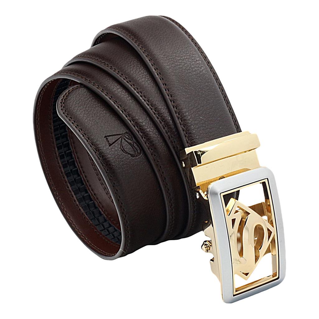 QHA Mens Superman Ratchet Leather Belt Superhero Automatic Sliding Buckle Q07