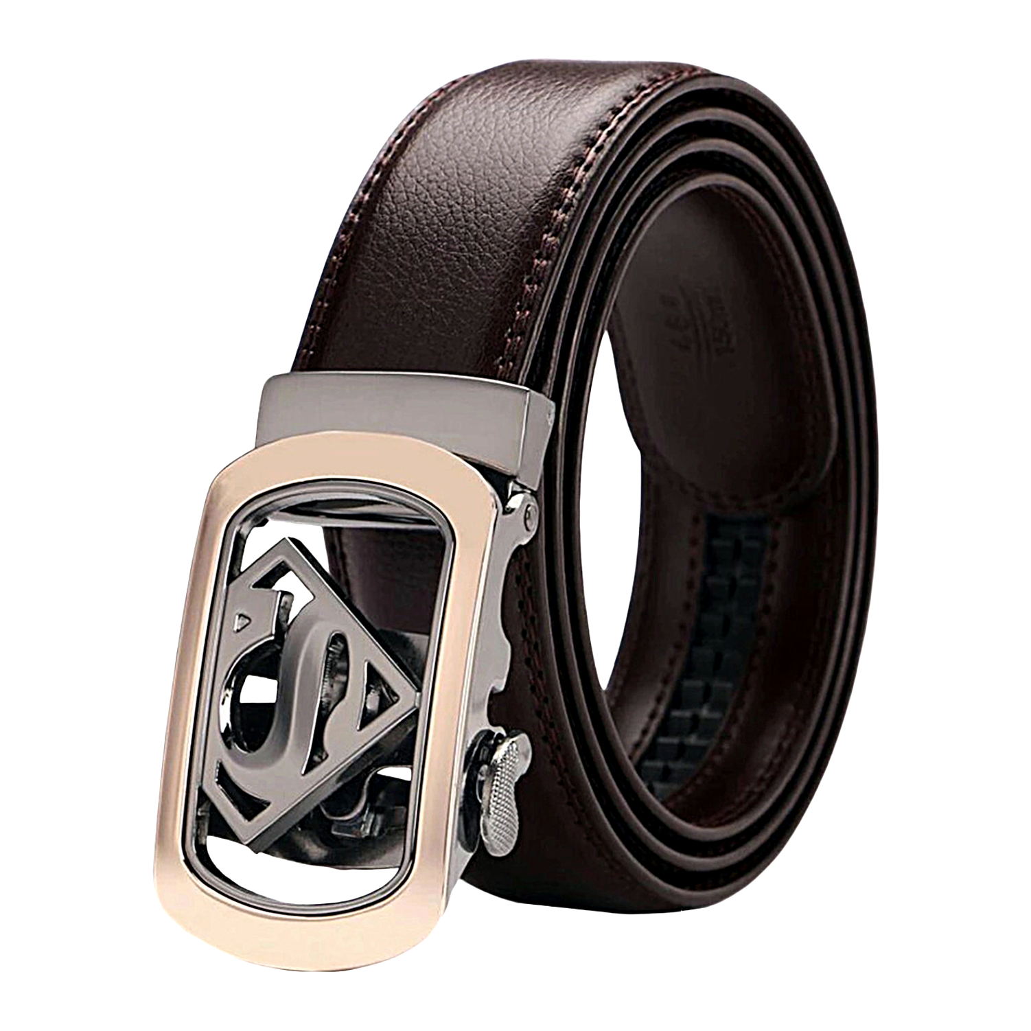 QHA Mens Superman Ratchet Leather Belt Superhero Automatic Sliding Buckle Q07