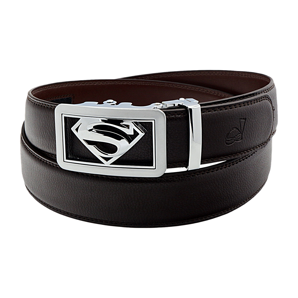QHA Mens Superman Ratchet Leather Belt Superhero Automatic Sliding Buckle Q07