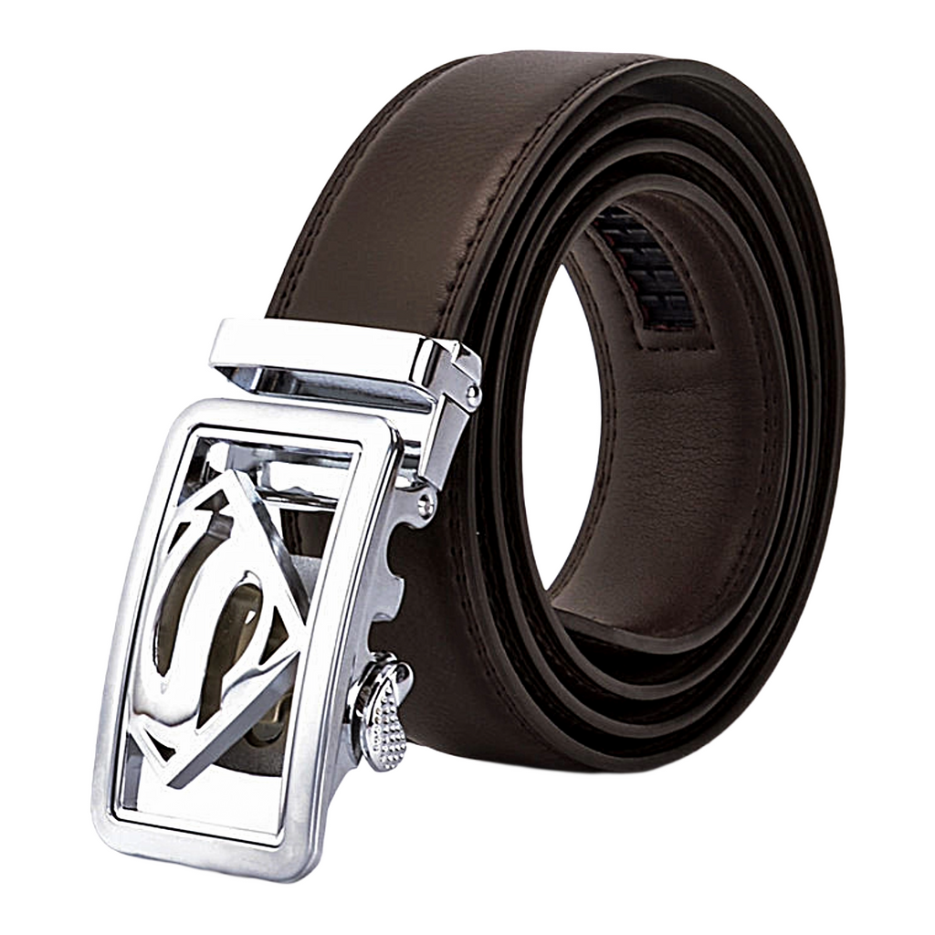 QHA Mens Superman Ratchet Leather Belt Superhero Automatic Sliding Buckle Q07