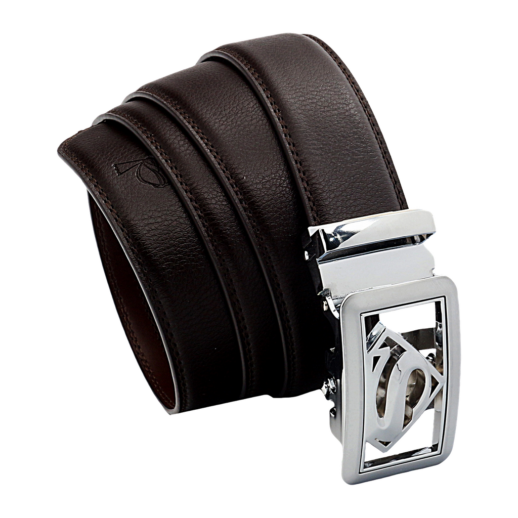 QHA Mens Superman Ratchet Leather Belt Superhero Automatic Sliding Buckle Q07