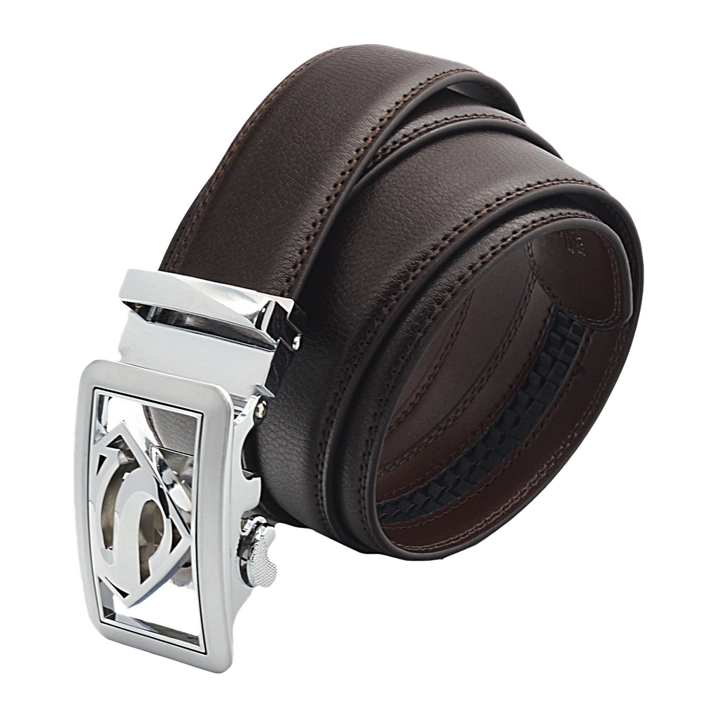 QHA Mens Superman Ratchet Leather Belt Superhero Automatic Sliding Buckle Q07