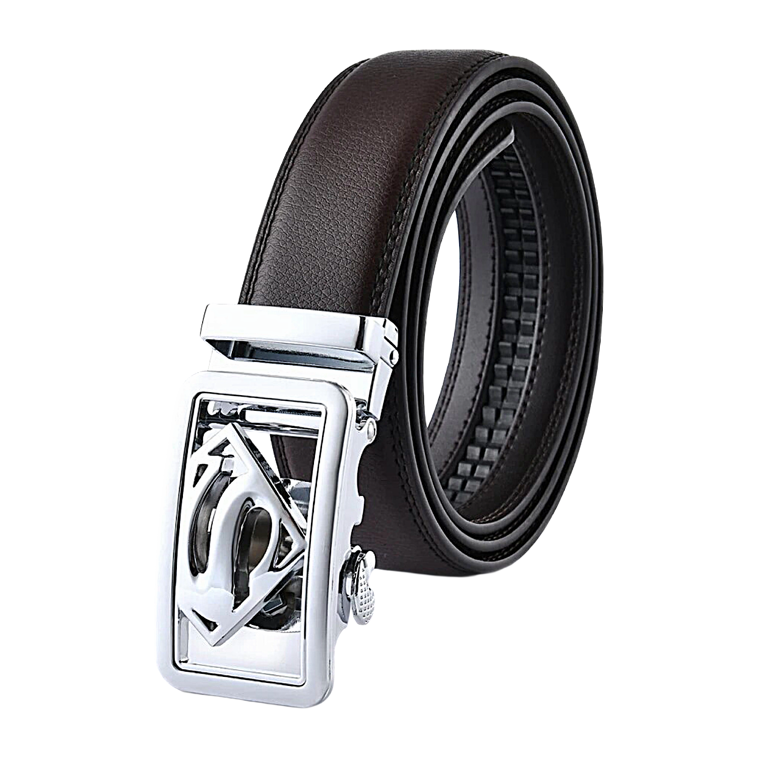 QHA Mens Superman Ratchet Leather Belt Superhero Automatic Sliding Buckle Q07