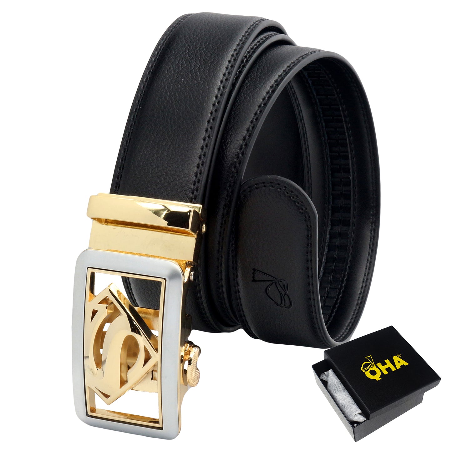 QHA Mens Ratchet Leather Belt Superhero Automatic Buckle 35mm Wide in Gift Box BX07