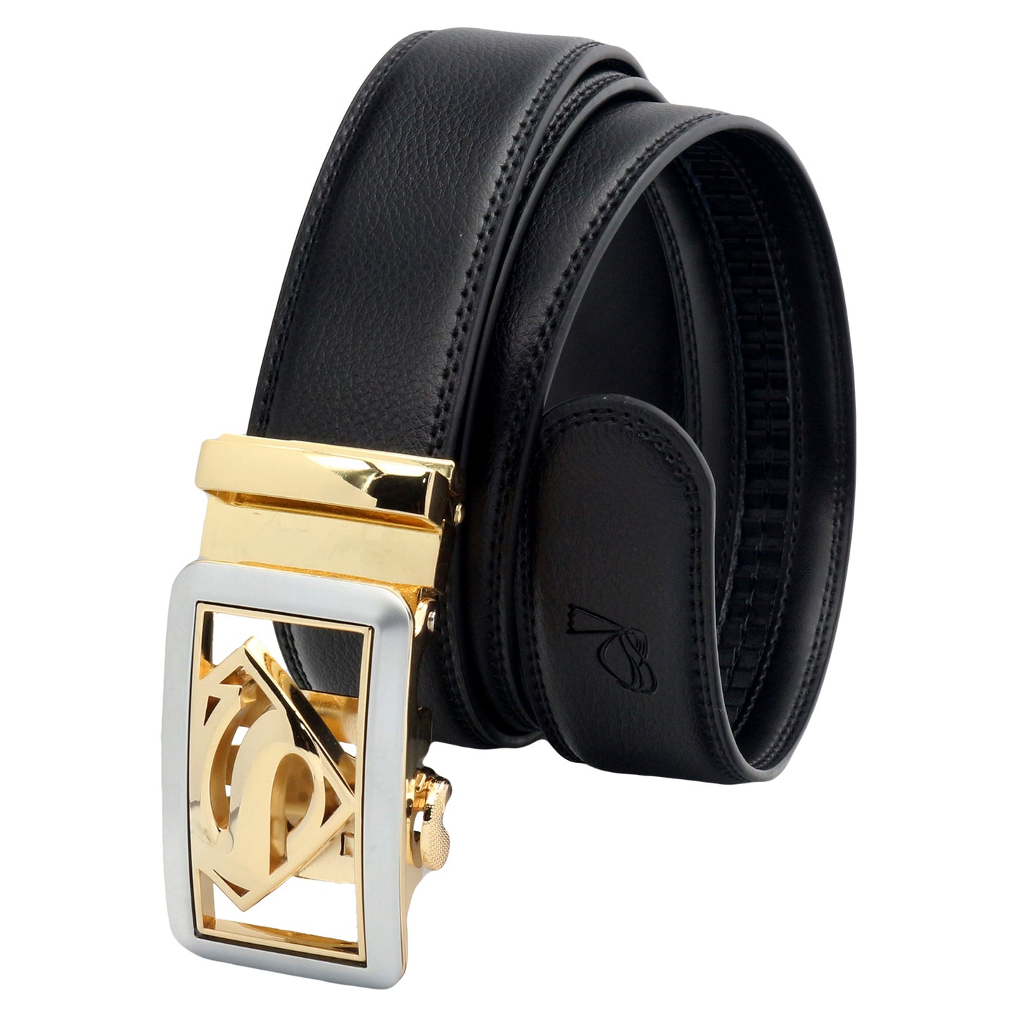 QHA Mens Ratchet Leather Belt Superhero Automatic Buckle 35mm Wide in Gift Box BX07
