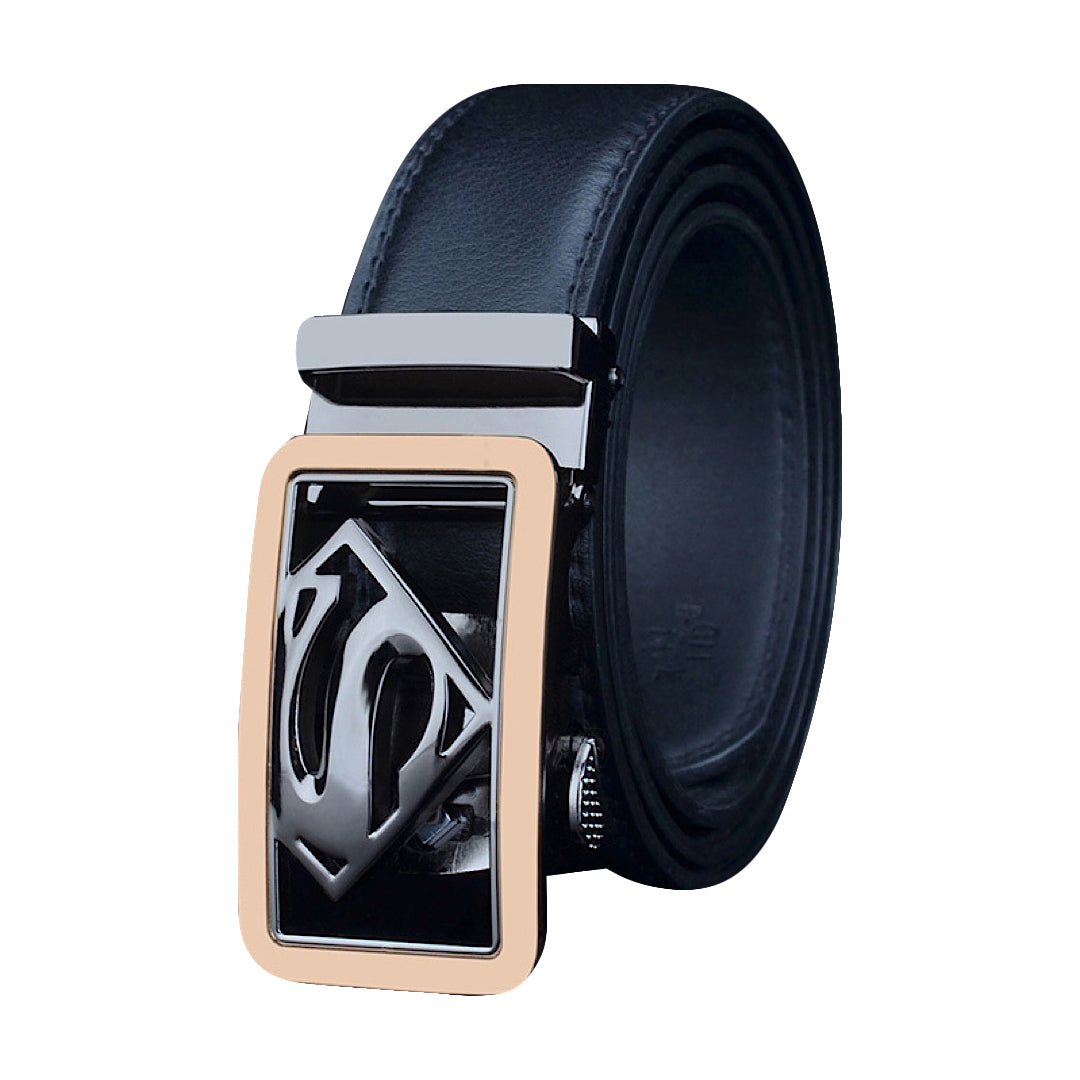 QHA Mens Ratchet Leather Belt Superhero Automatic Buckle 35mm Wide in Gift Box BX07