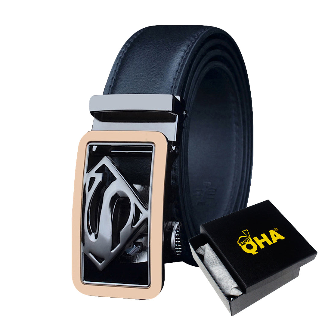 QHA Mens Ratchet Leather Belt Superhero Automatic Buckle 35mm Wide in Gift Box BX07