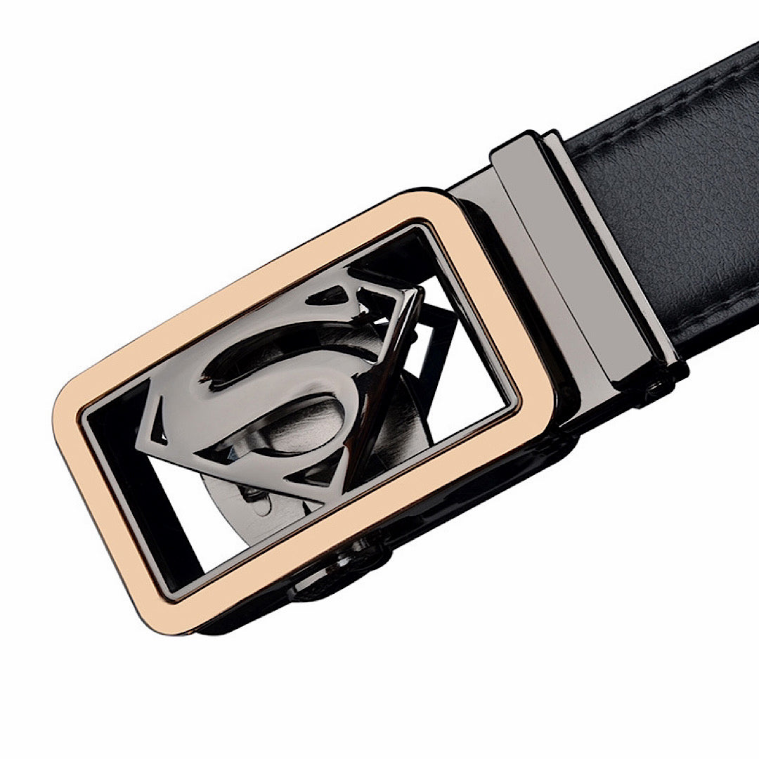 QHA Mens Ratchet Leather Belt Superhero Automatic Buckle 35mm Wide in Gift Box BX07