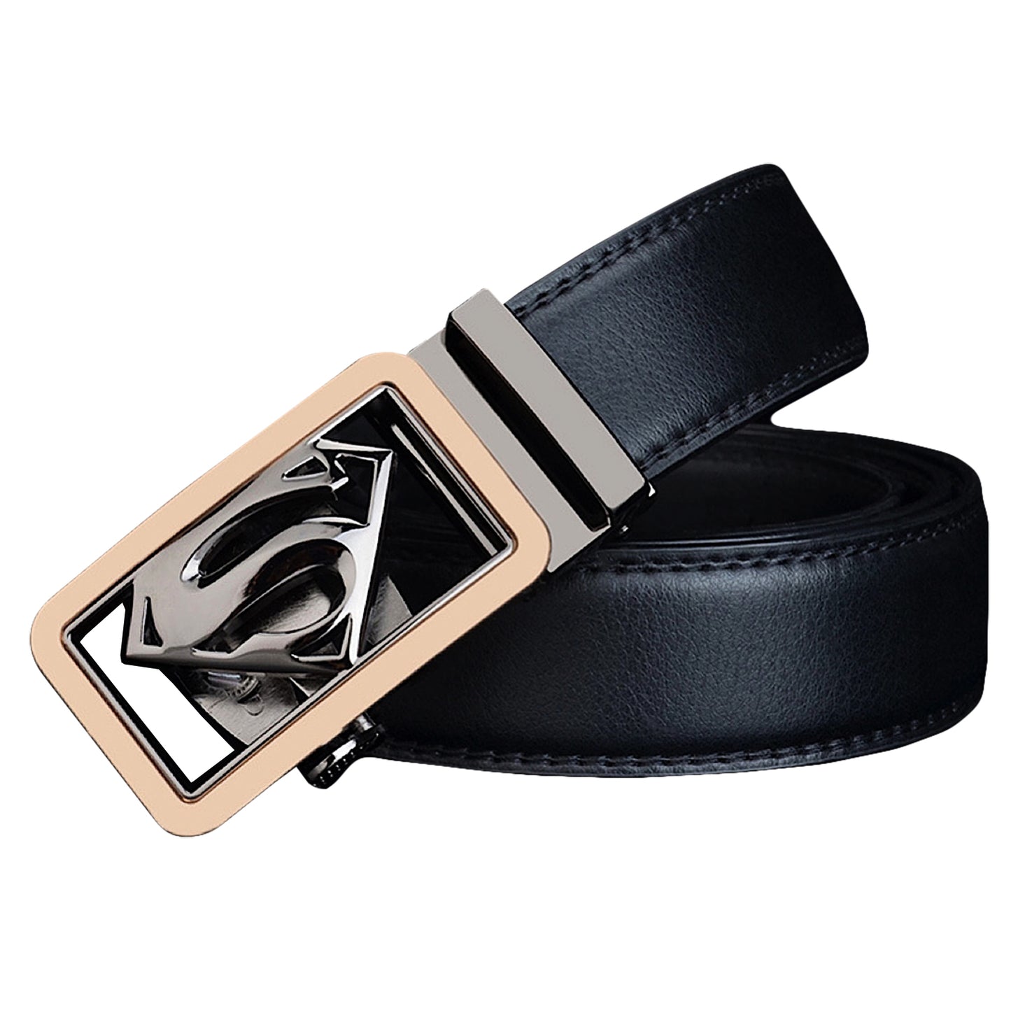 QHA Mens Ratchet Leather Belt Superhero Automatic Buckle 35mm Wide in Gift Box BX07