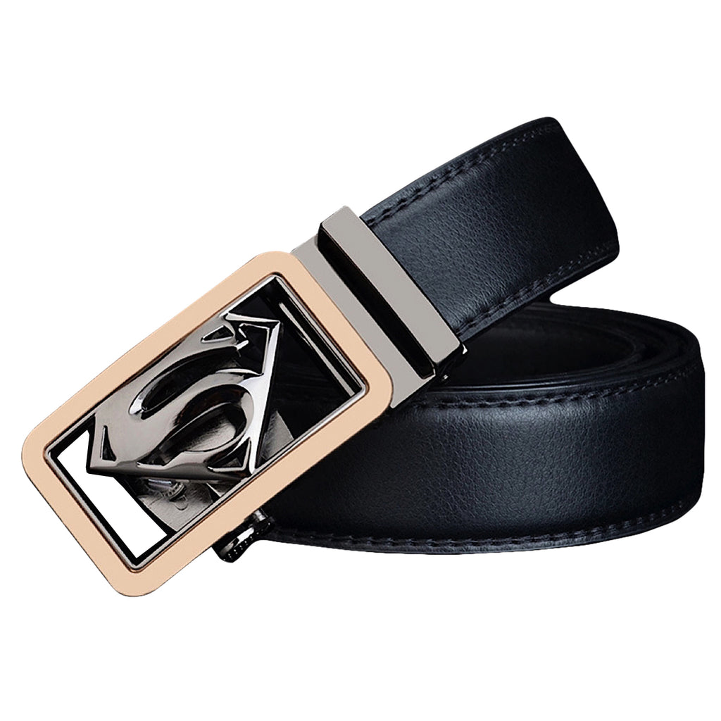 QHA Mens Superman Leather Belts Superhero Automatic Ratchet Belt Buckle Men Q07