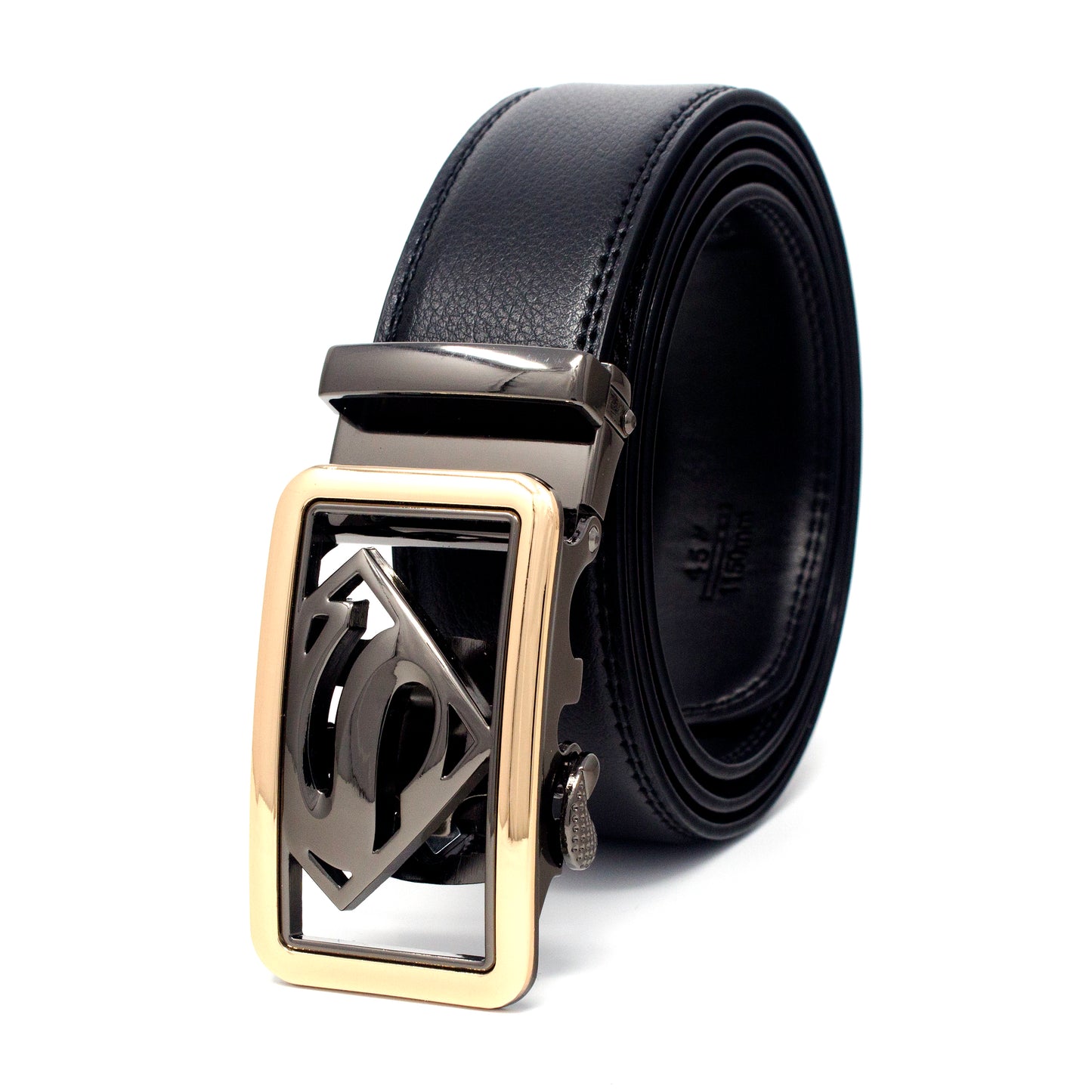 QHA Mens Ratchet Leather Belt Superhero Automatic Buckle 35mm Wide in Gift Box BX07