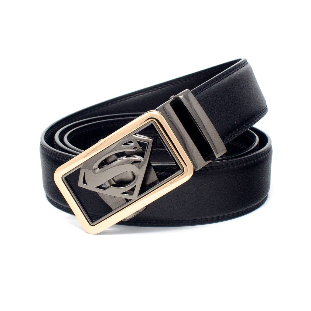 QHA Mens Ratchet Leather Belt Superhero Automatic Buckle 35mm Wide in Gift Box BX07