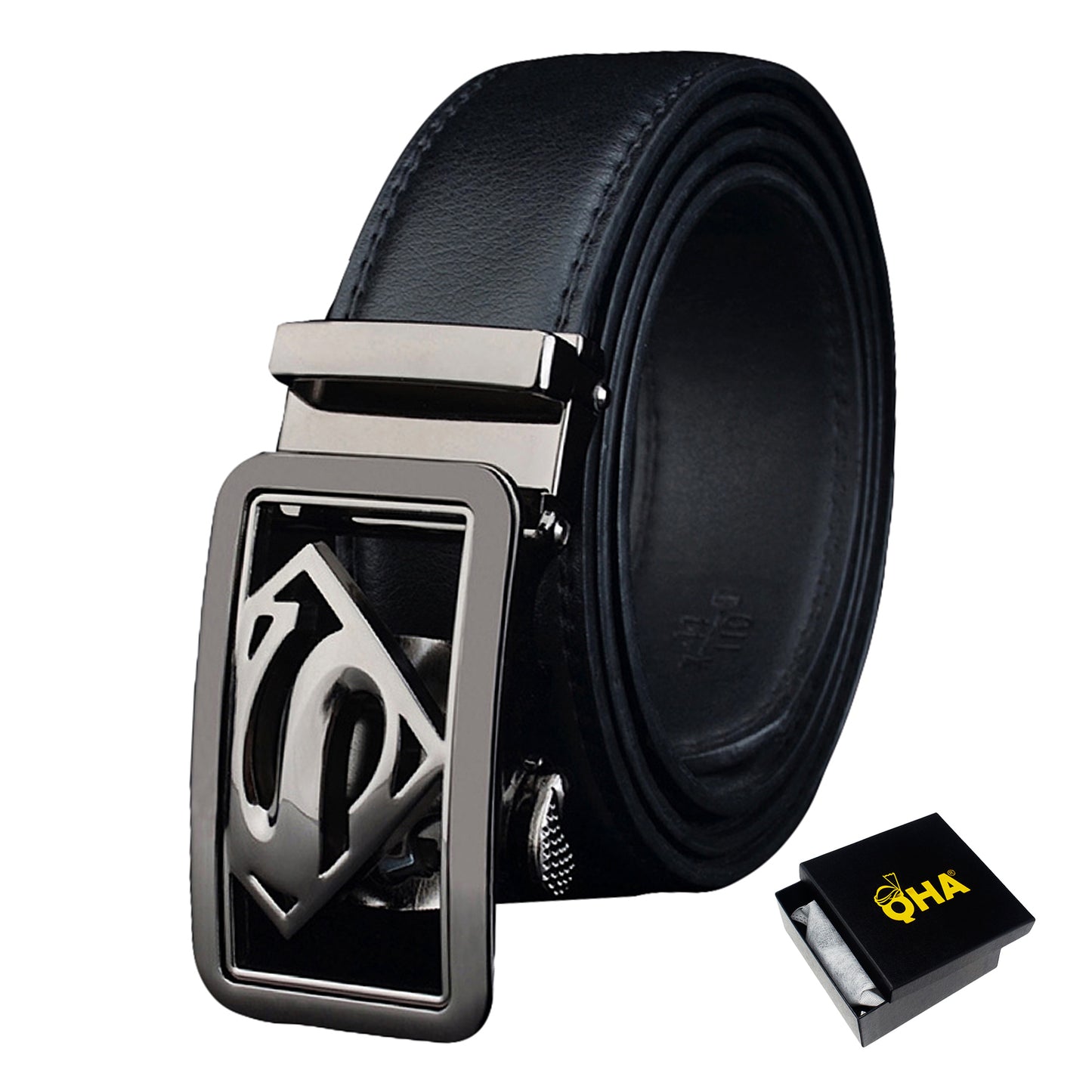 QHA Mens Ratchet Leather Belt Superhero Automatic Buckle 35mm Wide in Gift Box BX07