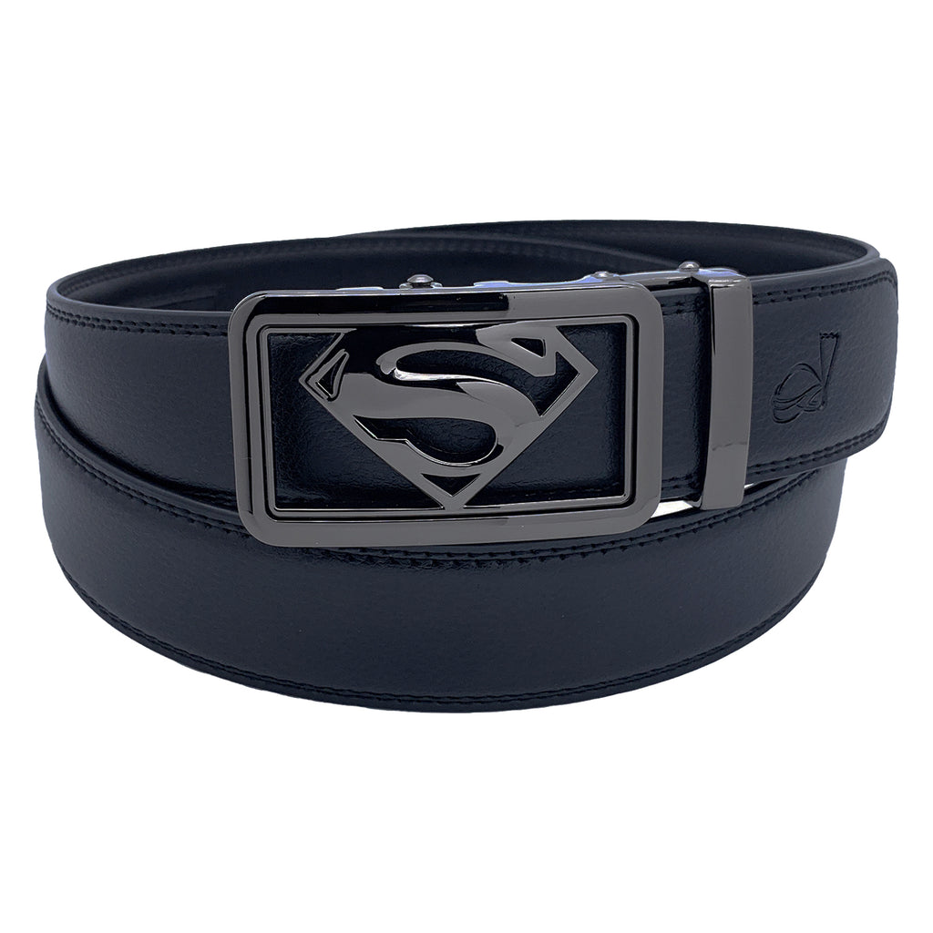 QHA Mens Ratchet Leather Belt Superhero Automatic Buckle 35mm Wide in Gift Box BX07