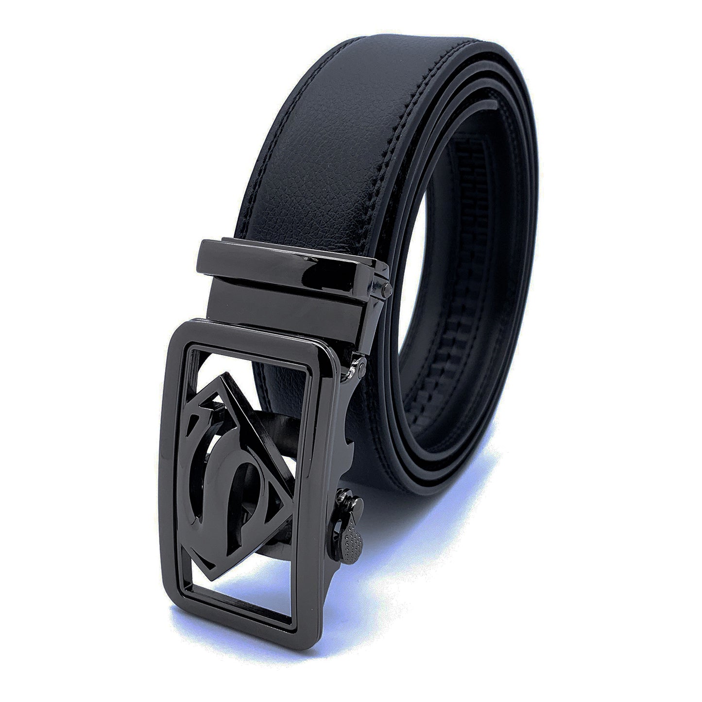 QHA Mens Ratchet Leather Belt Superhero Automatic Buckle 35mm Wide in Gift Box BX07
