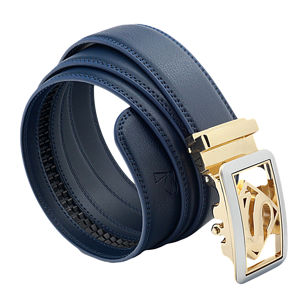 QHA Mens Superman Ratchet Leather Belt Superhero Automatic Sliding Buckle Q07