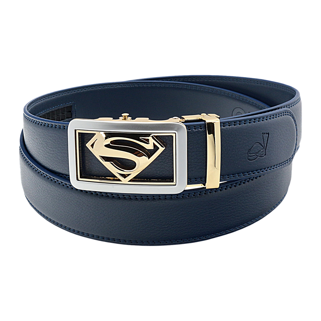 QHA Mens Superman Ratchet Leather Belt Superhero Automatic Sliding Buckle Q07