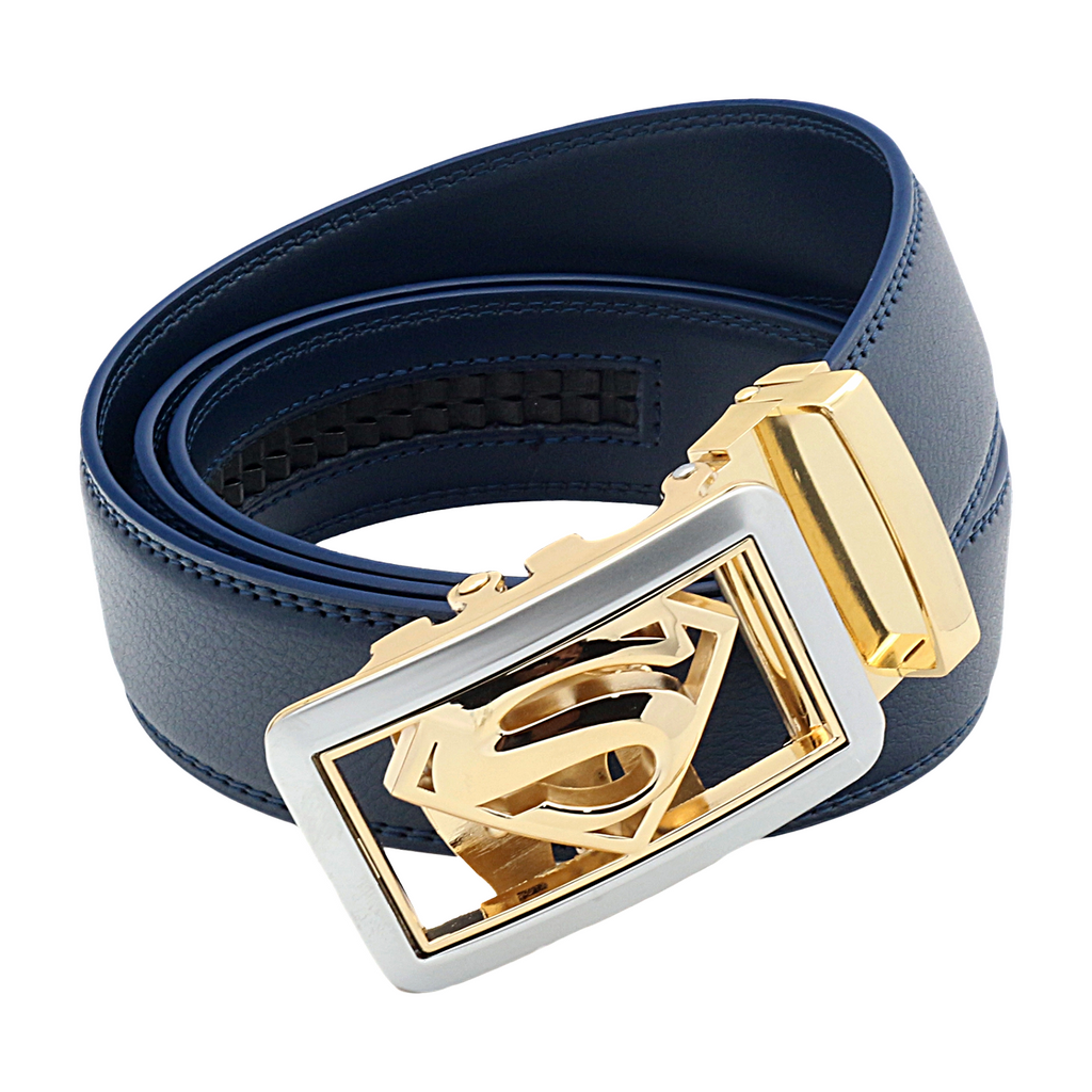QHA Mens Superman Ratchet Leather Belt Superhero Automatic Sliding Buckle Q07