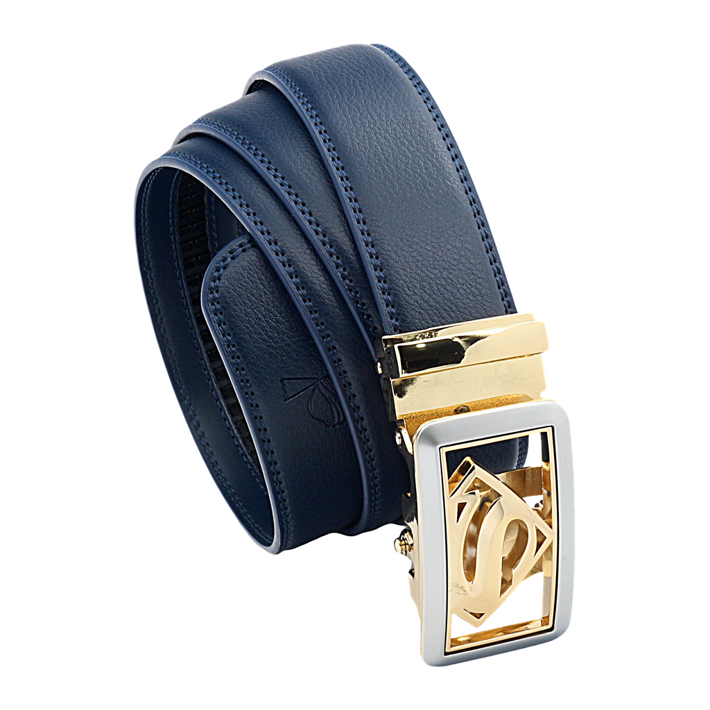 QHA Mens Superman Ratchet Leather Belt Superhero Automatic Sliding Buckle Q07