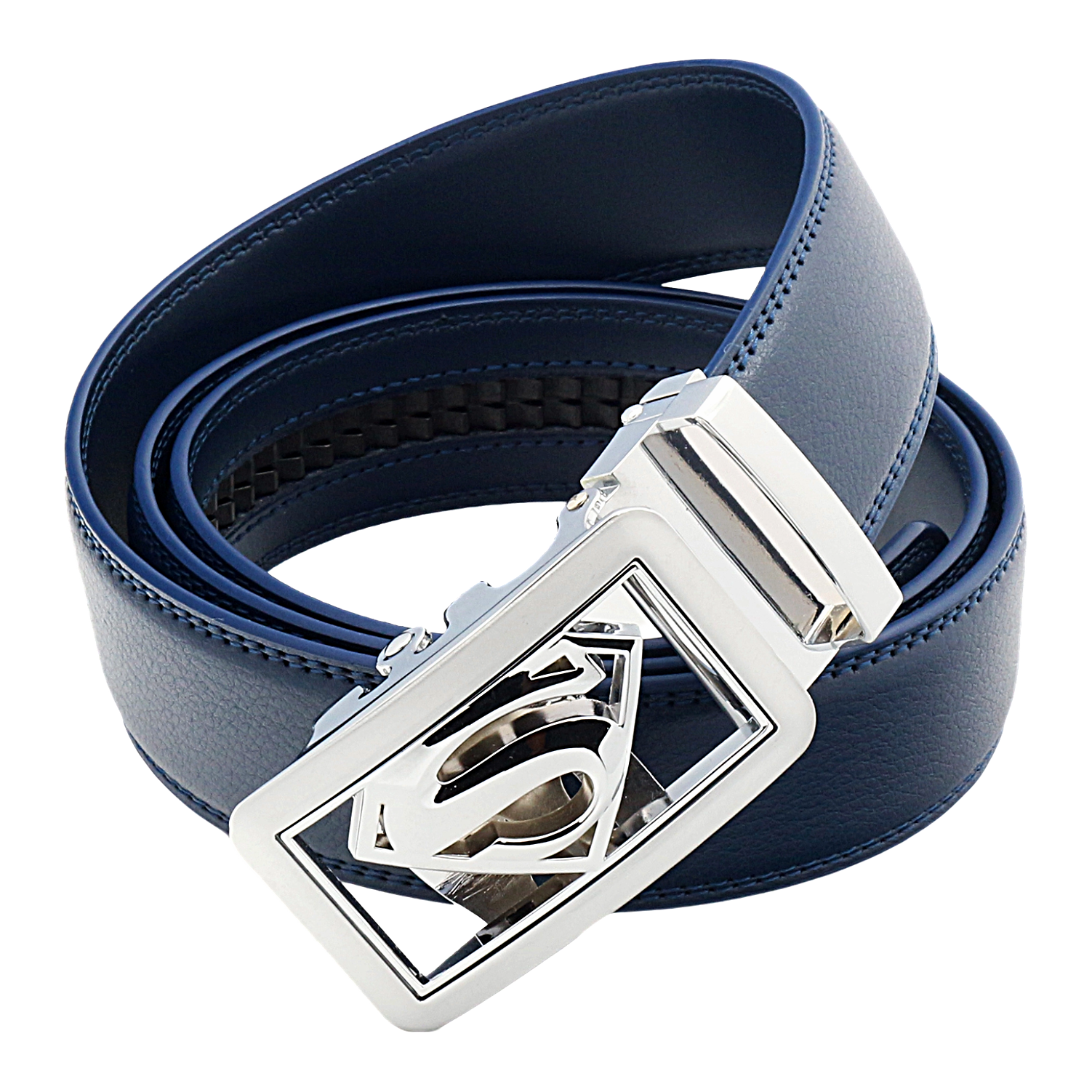 QHA Mens Superman Ratchet Leather Belt Superhero Automatic Sliding Buckle Q07