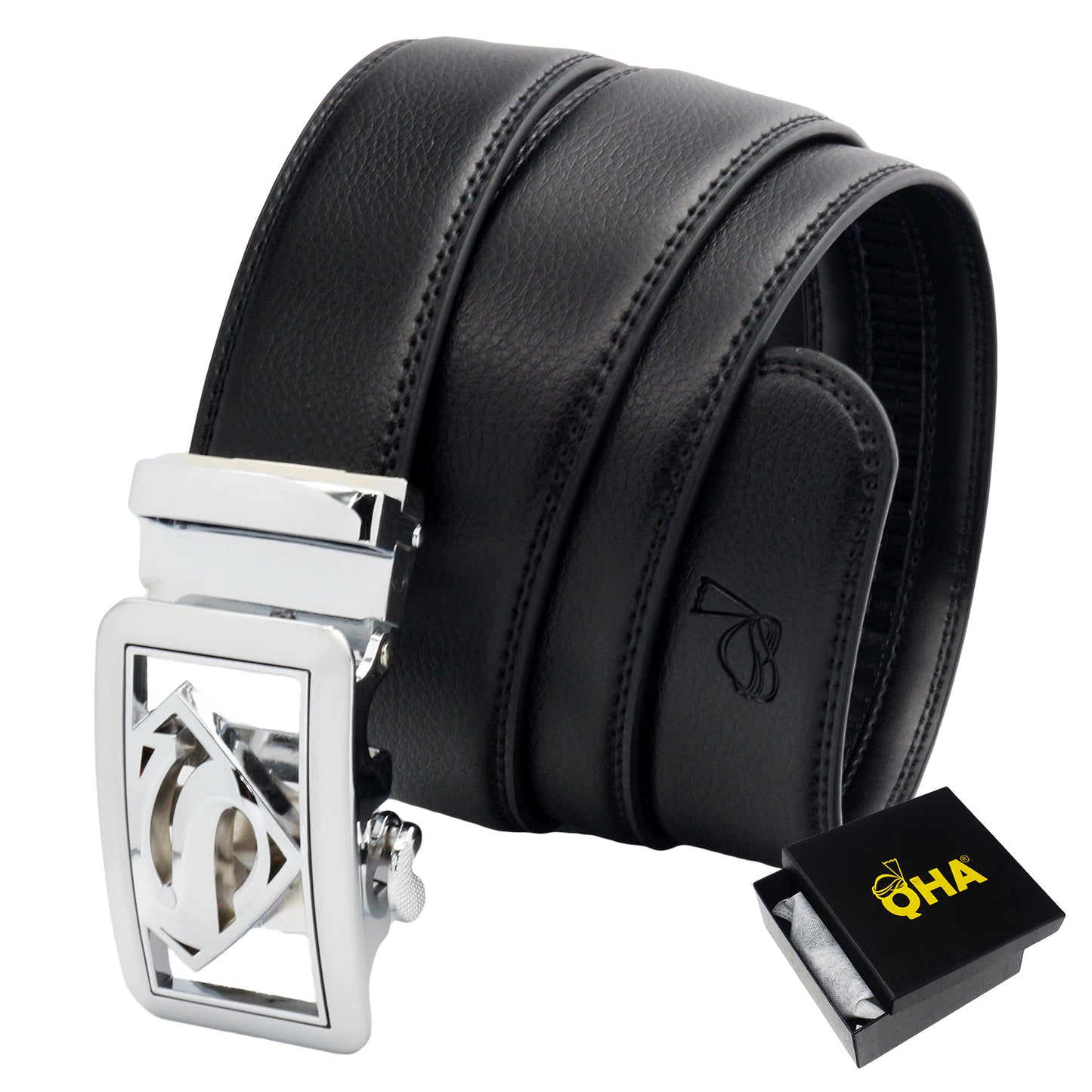 QHA Mens Ratchet Leather Belt Superhero Automatic Buckle 35mm Wide in Gift Box BX07