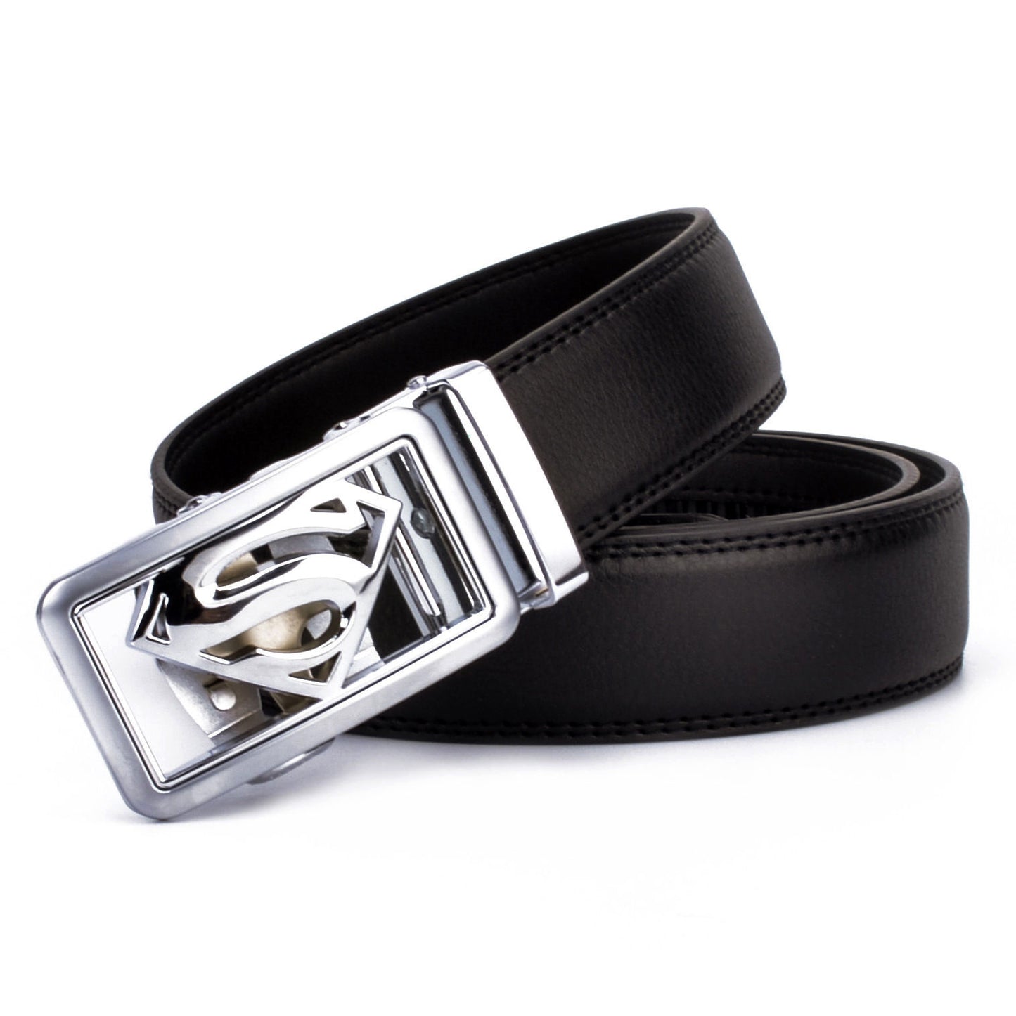 QHA Mens Ratchet Leather Belt Superhero Automatic Buckle 35mm Wide in Gift Box BX07