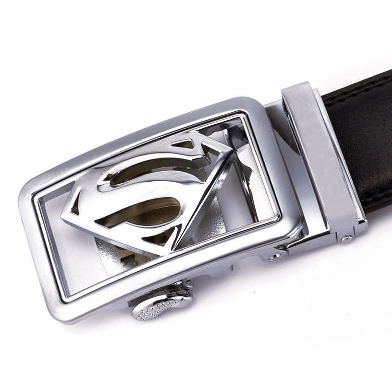 QHA Mens Ratchet Leather Belt Superhero Automatic Buckle 35mm Wide in Gift Box BX07