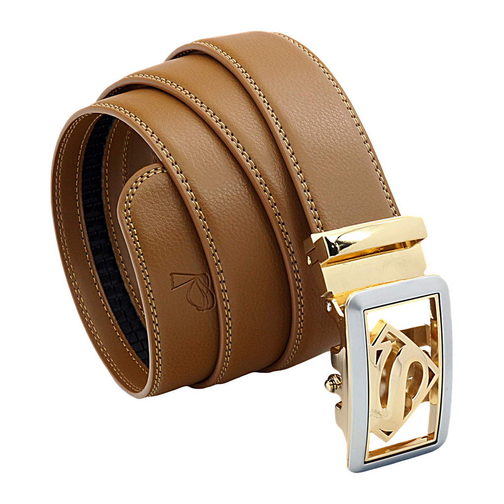QHA Mens Superman Ratchet Leather Belt Superhero Automatic Sliding Buckle Q07