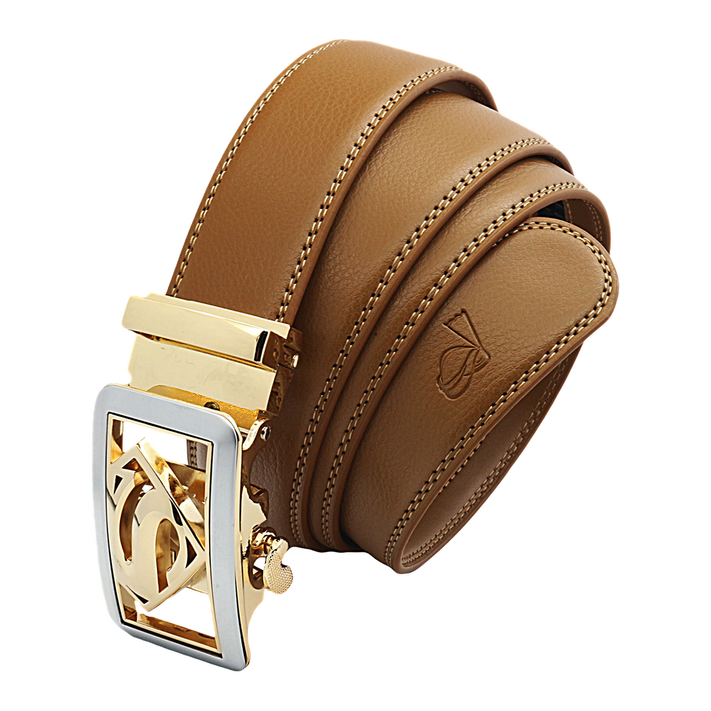 QHA Mens Superman Ratchet Leather Belt Superhero Automatic Sliding Buckle Q07