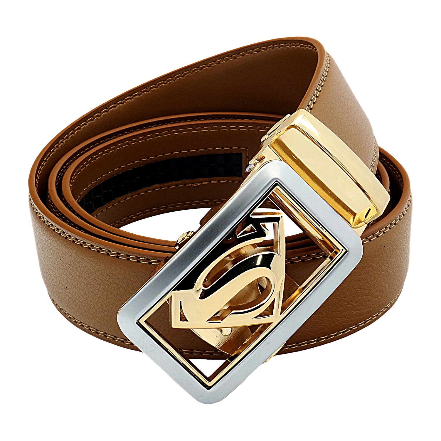 QHA Mens Superman Ratchet Leather Belt Superhero Automatic Sliding Buckle Q07