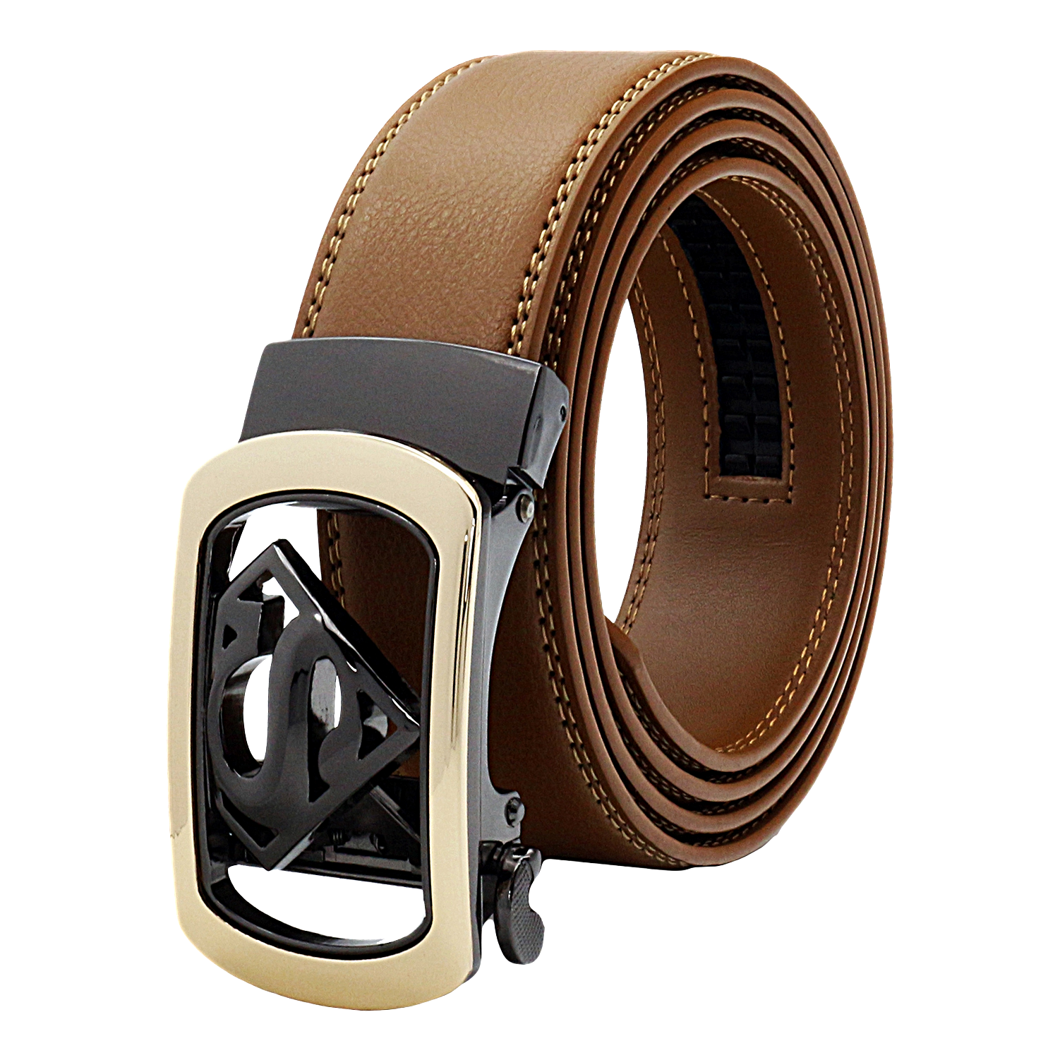 QHA Mens Superman Ratchet Leather Belt Superhero Automatic Sliding Buckle Q07