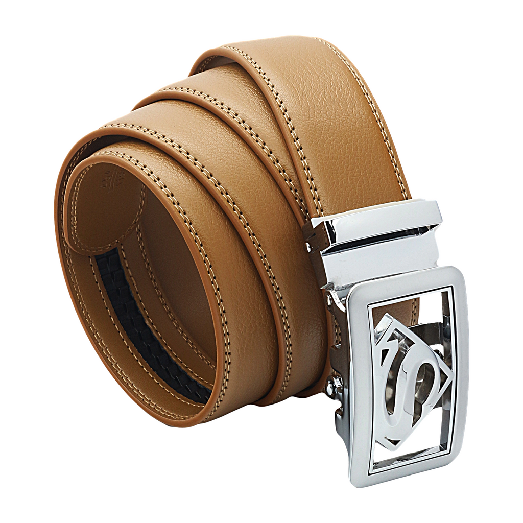 QHA Mens Superman Ratchet Leather Belt Superhero Automatic Sliding Buckle Q07