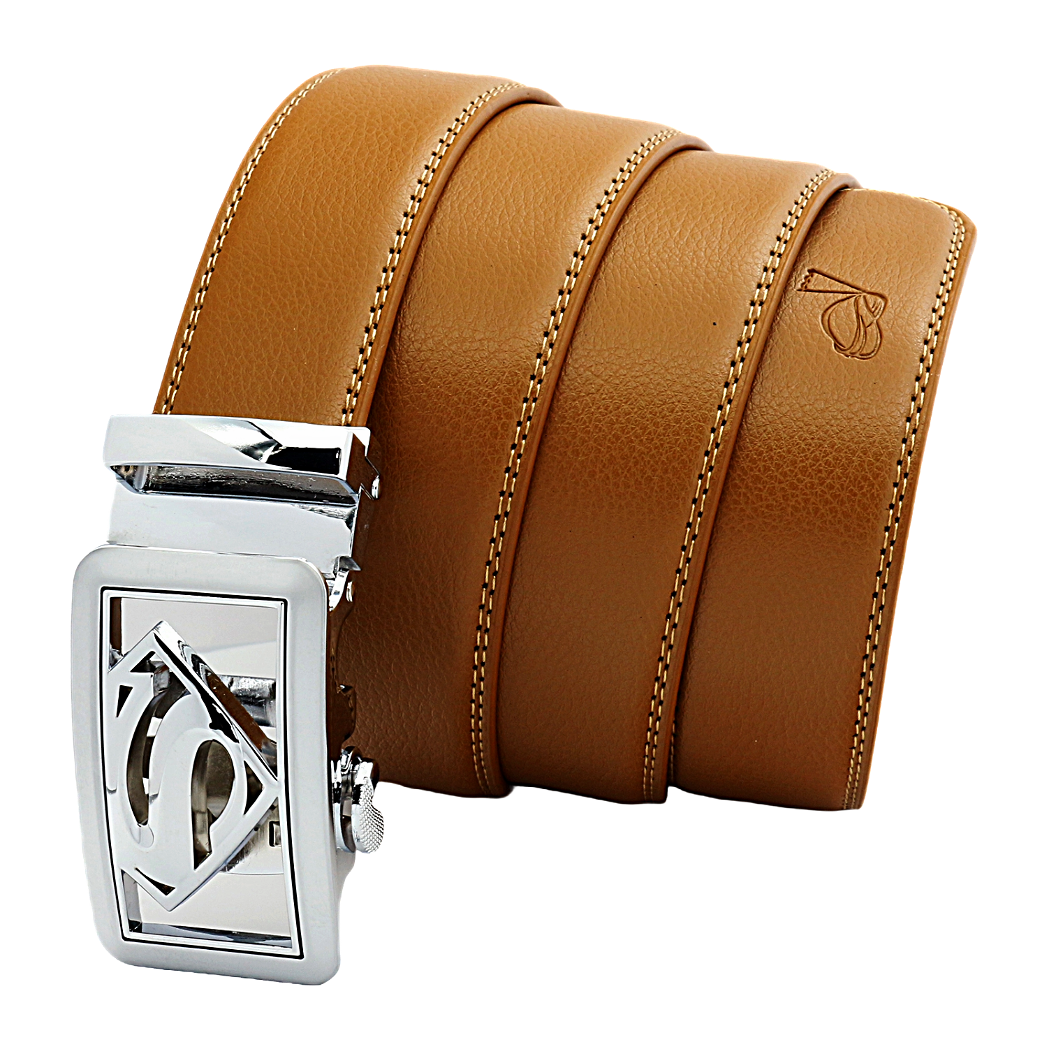 QHA Mens Superman Ratchet Leather Belt Superhero Automatic Sliding Buckle Q07