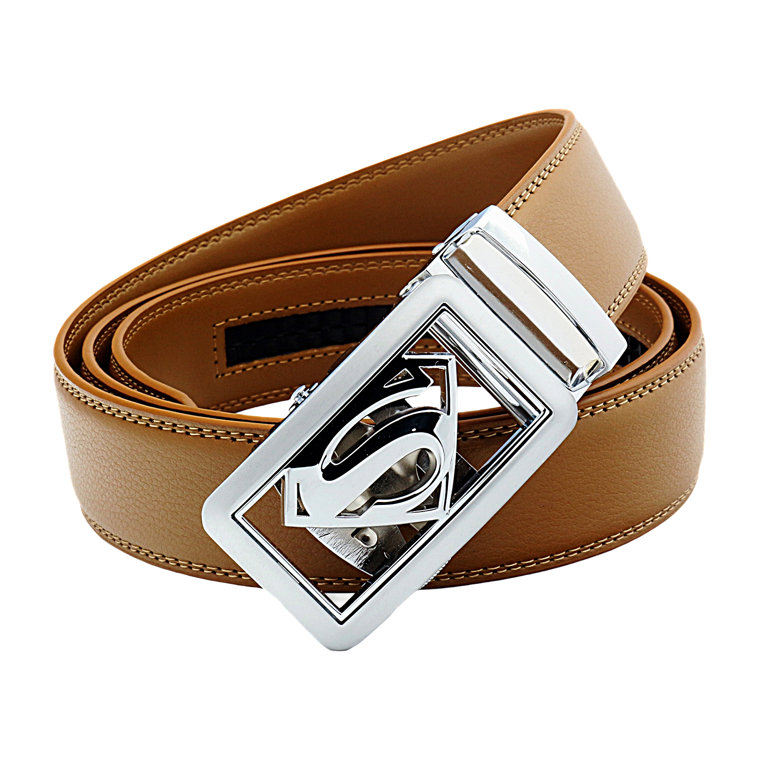 QHA Mens Superman Ratchet Leather Belt Superhero Automatic Sliding Buckle Q07