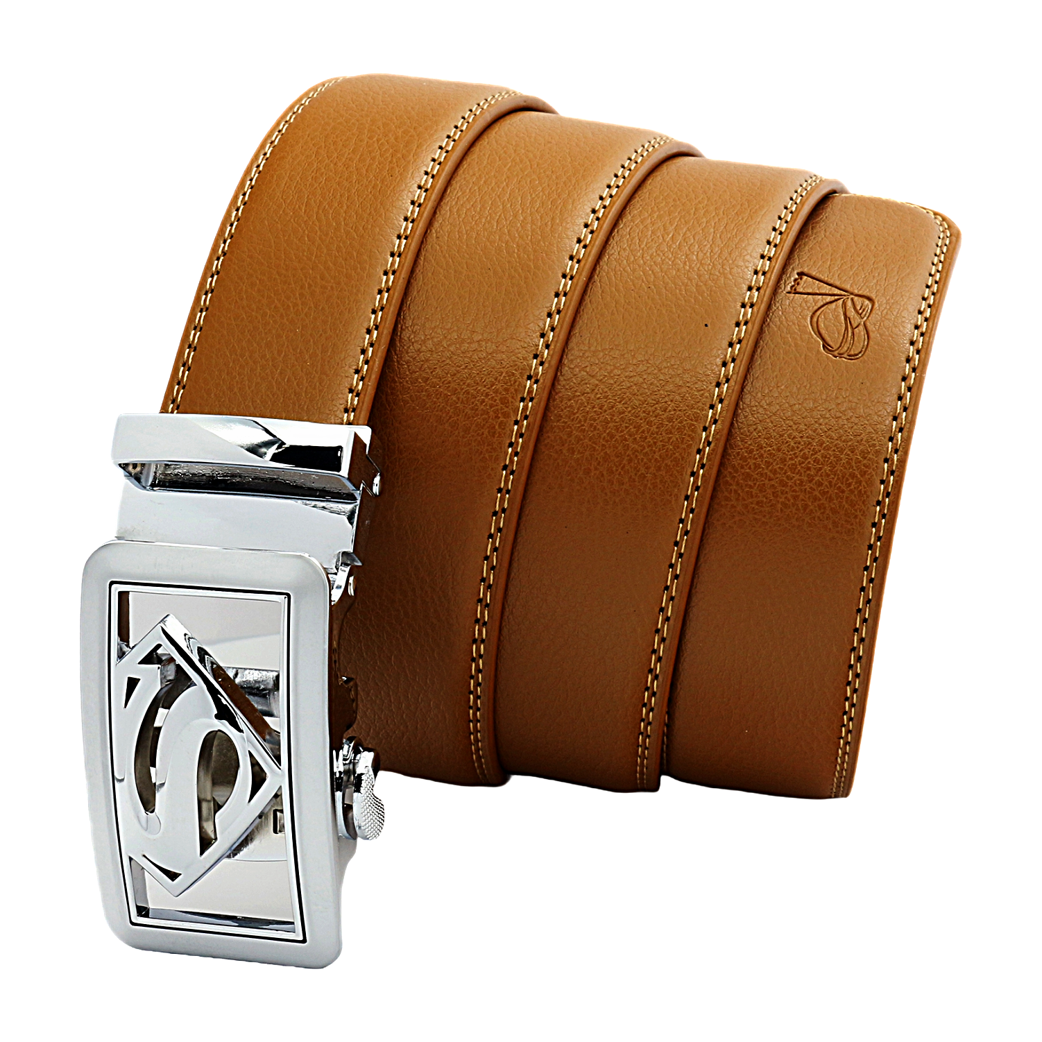 QHA Mens Superman Ratchet Leather Belt Superhero Automatic Sliding Buckle Q07