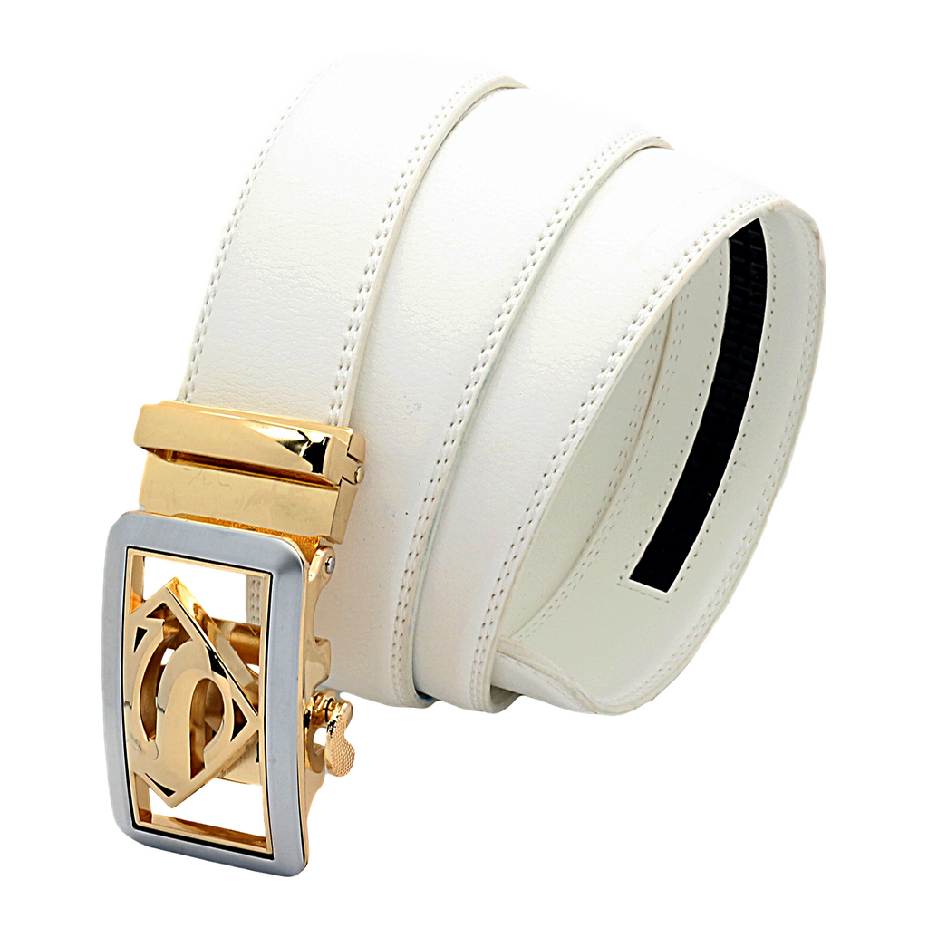 QHA Mens Superman Ratchet Leather Belt Superhero Automatic Sliding Buckle Q07