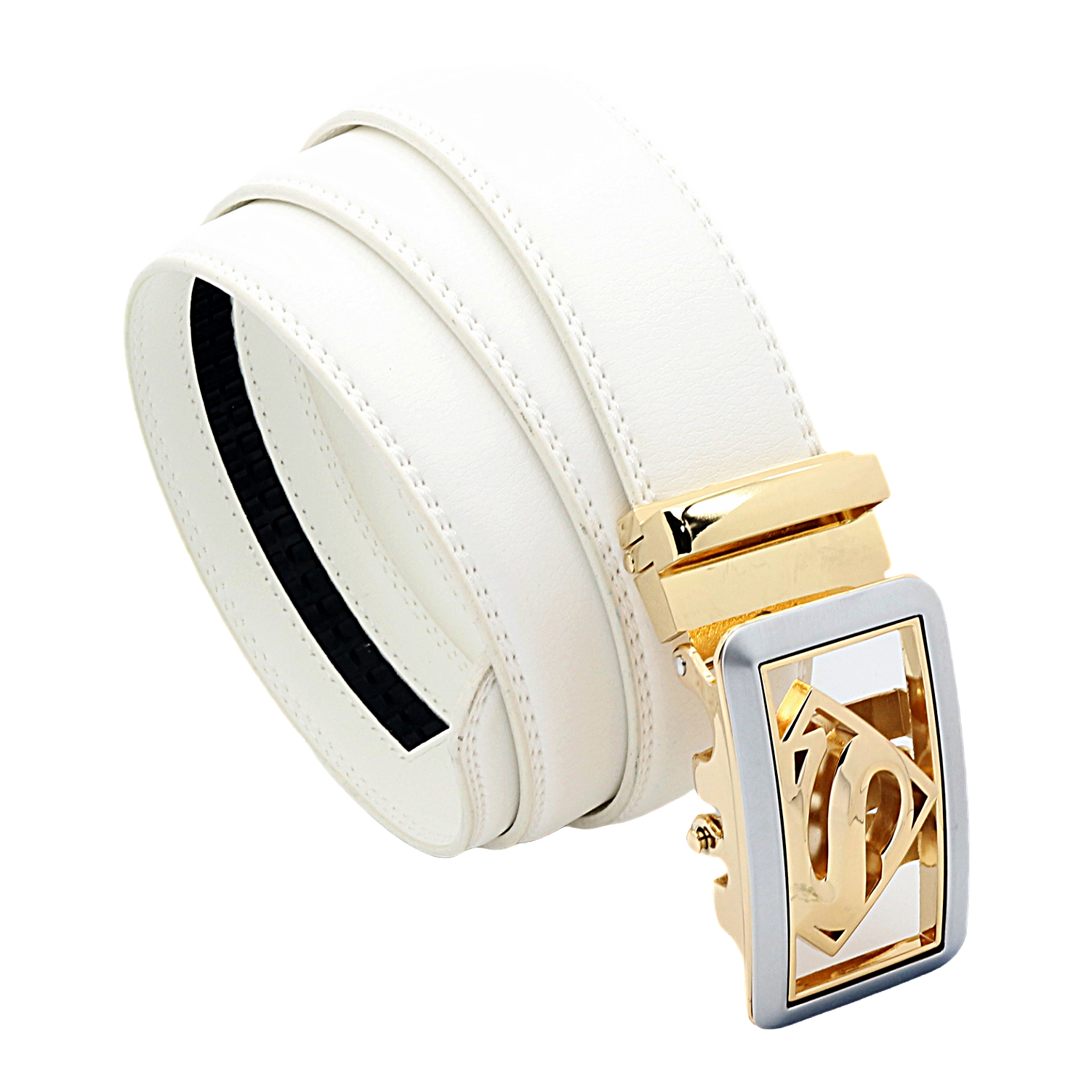 QHA Mens Superman Ratchet Leather Belt Superhero Automatic Sliding Buckle Q07