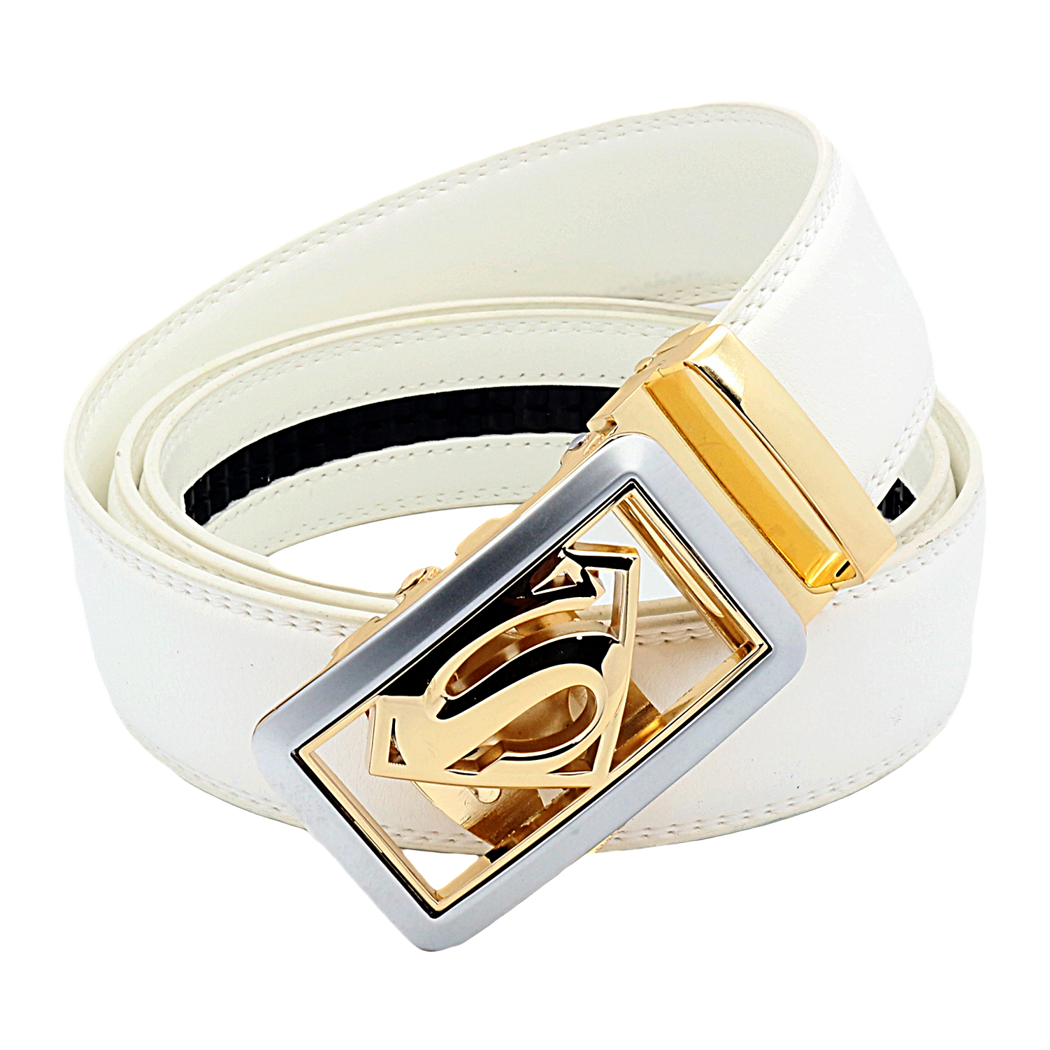 QHA Mens Superman Ratchet Leather Belt Superhero Automatic Sliding Buckle Q07