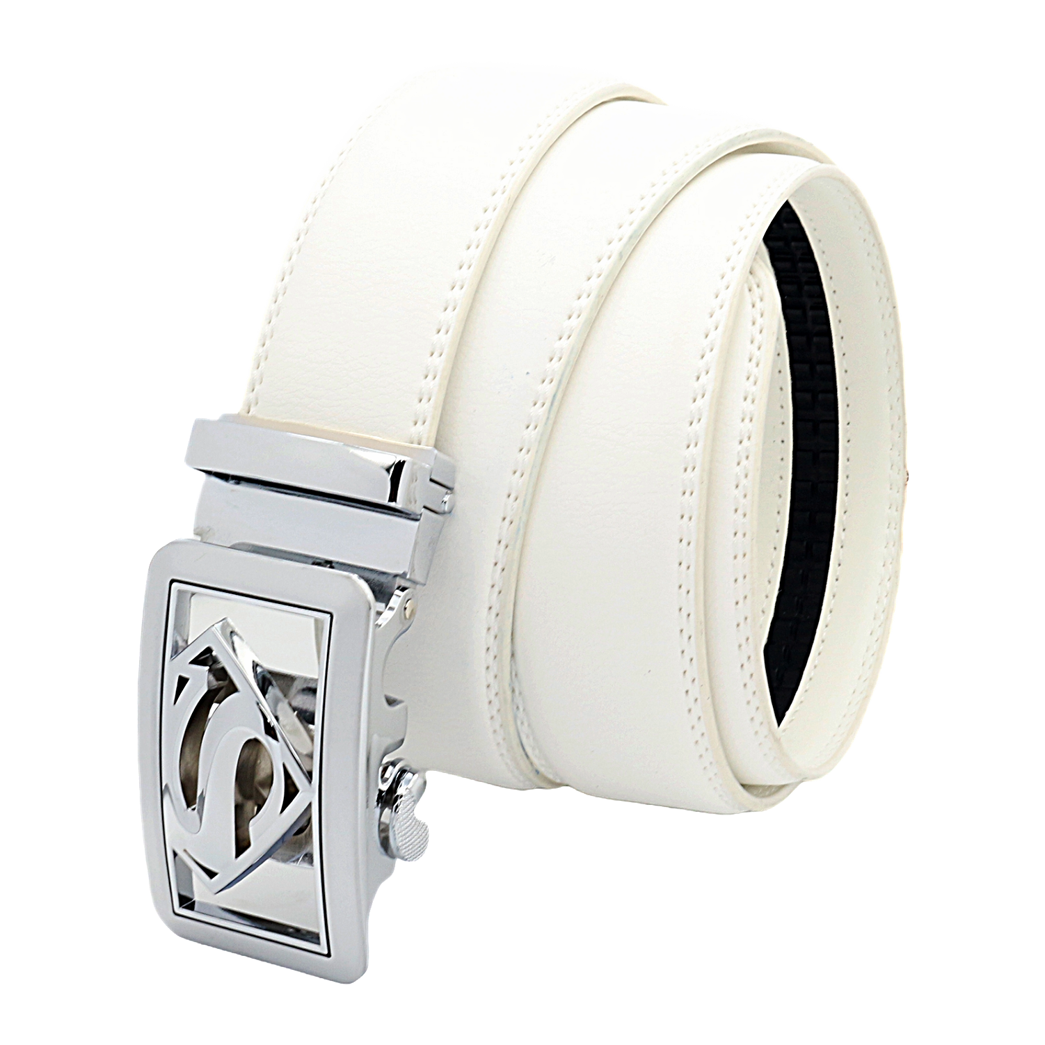 QHA Mens Superman Ratchet Leather Belt Superhero Automatic Sliding Buckle Q07