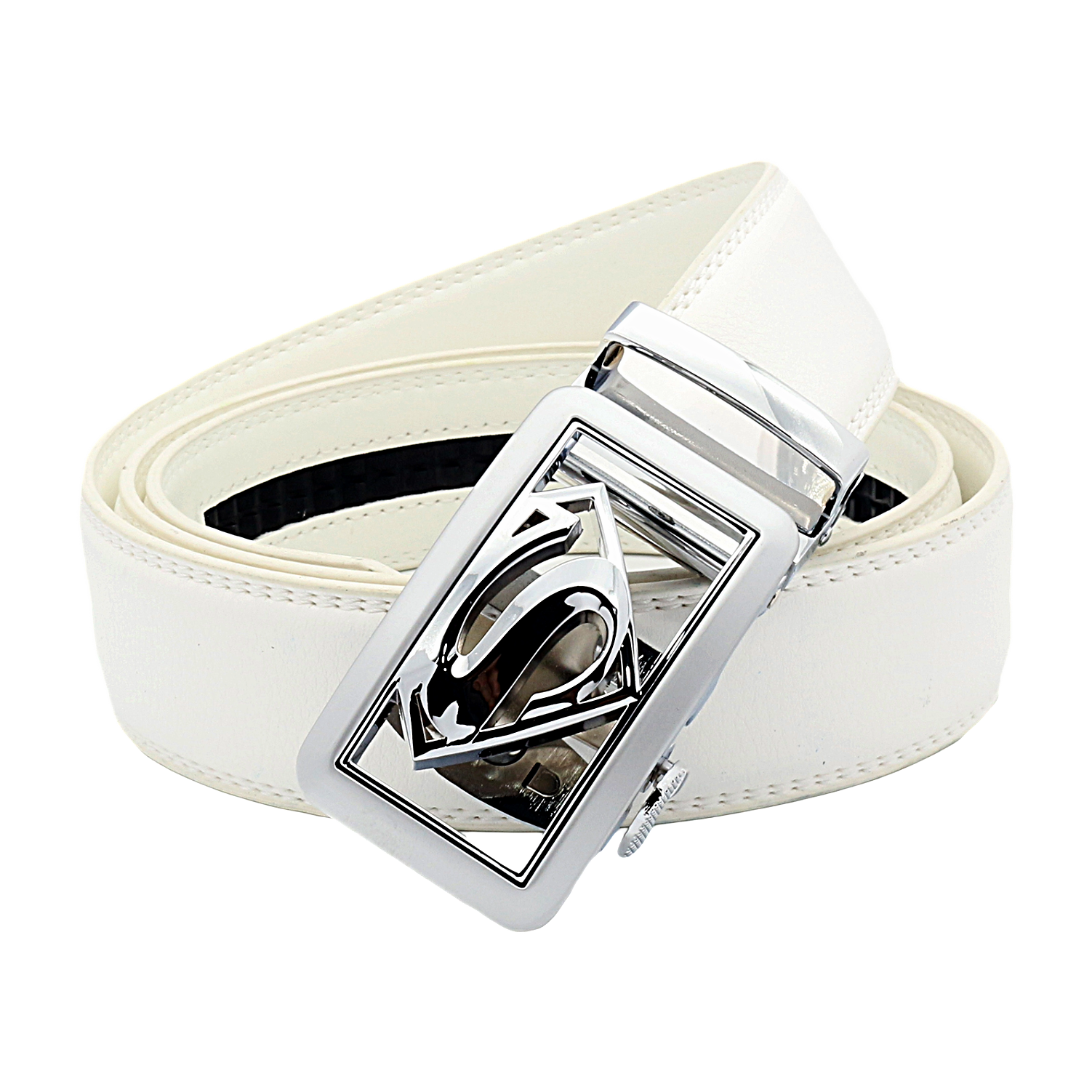 QHA Mens Superman Ratchet Leather Belt Superhero Automatic Sliding Buckle Q07