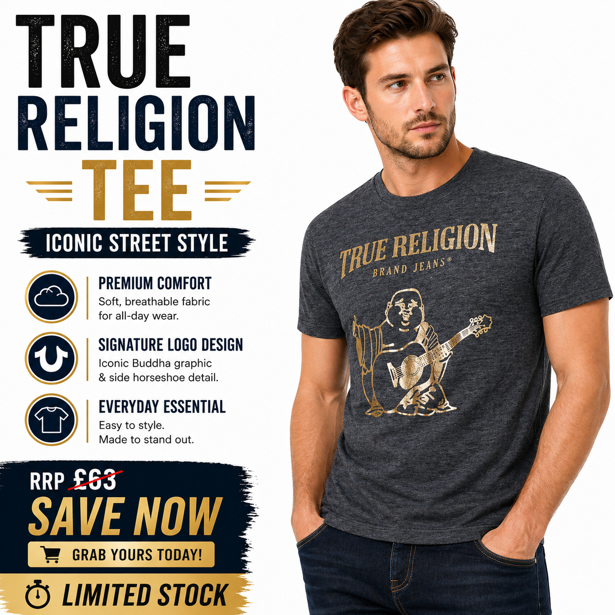 True Religion Authentic Mens T-Shirt Cotton Crew Neck Logo Print Casual Tee
