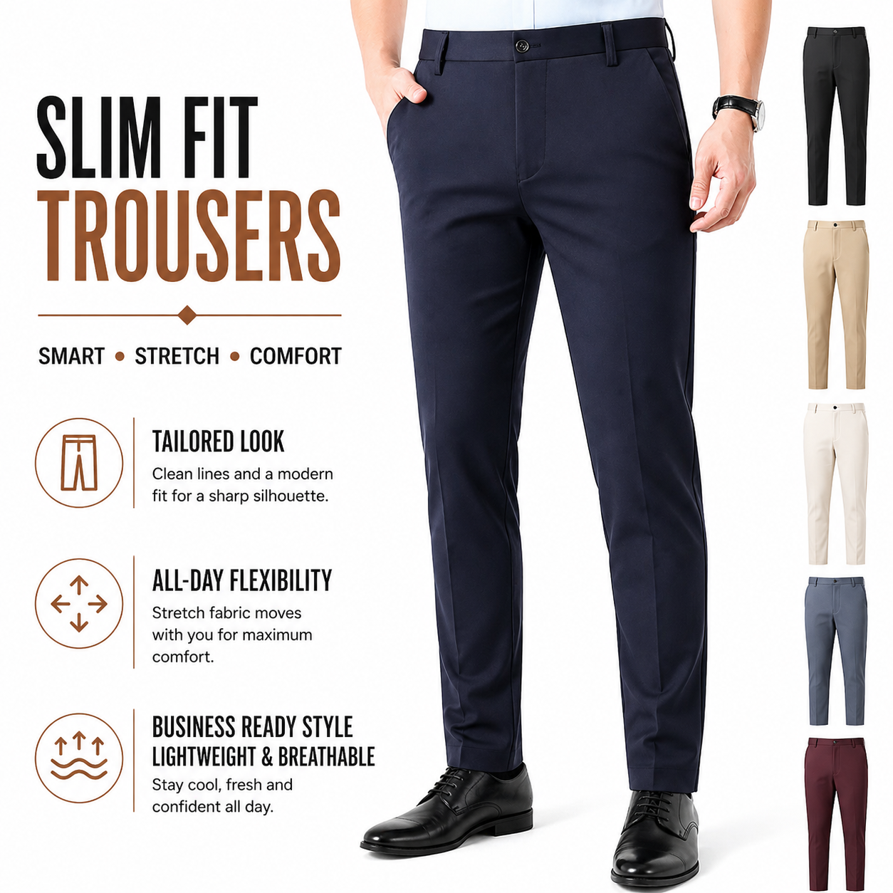 Mens Slim Fit Formal Trousers Stretch Smart Business Suit Pants